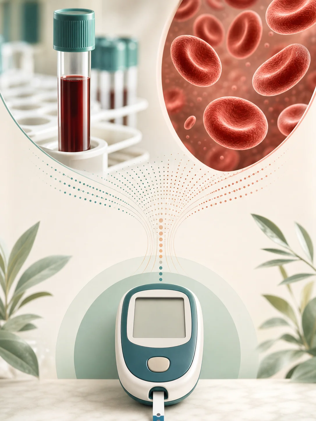Blood sample and red blood cells flowing through a visual bridge to a blank glucose meter