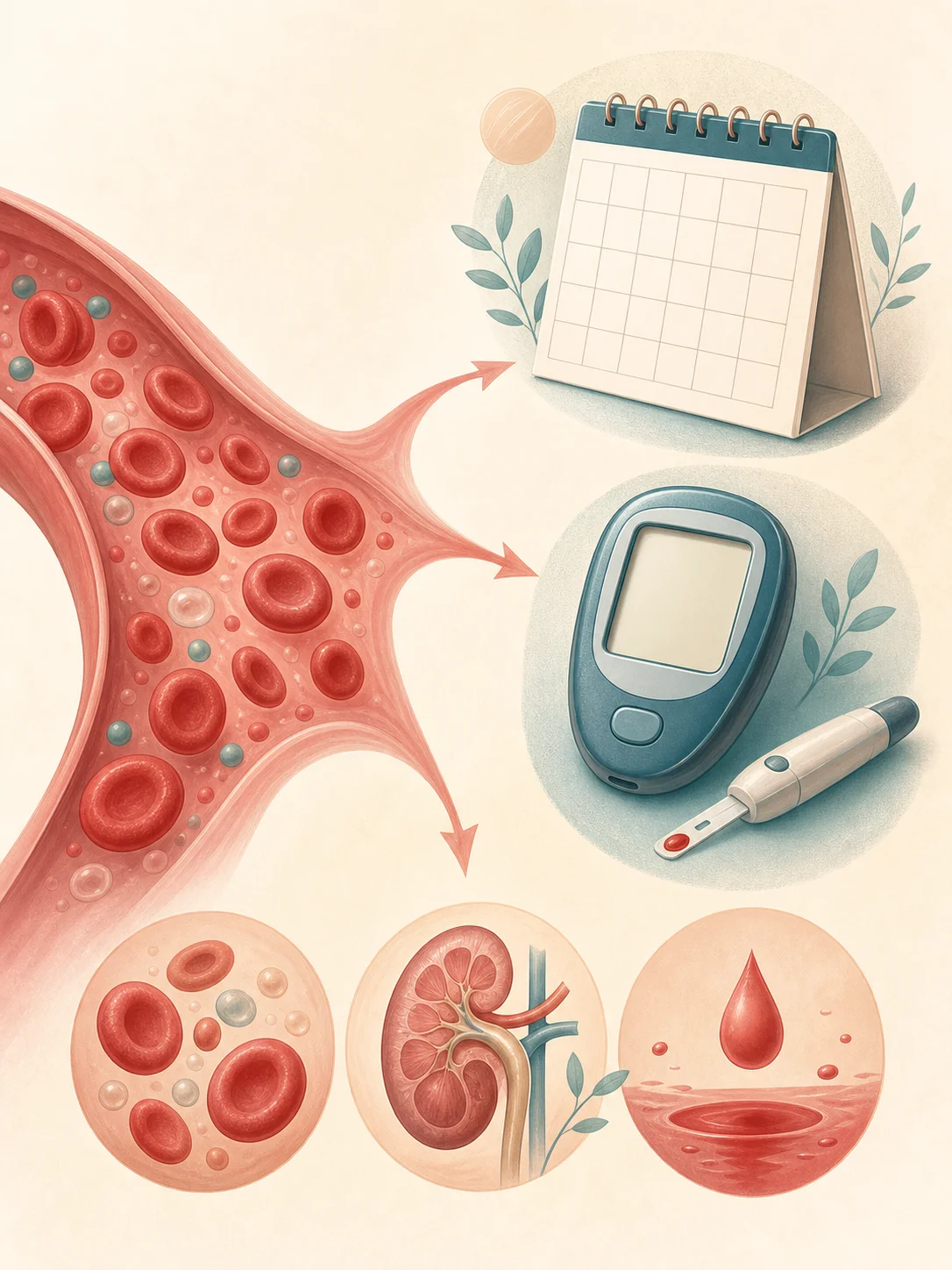 Red blood cell stream branching toward a calendar, glucose meter, kidney, and blood-loss symbols