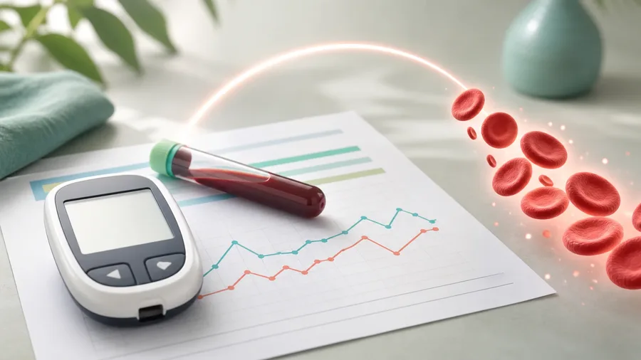 An A1C laboratory result converting into estimated average glucose values beside a glucose meter