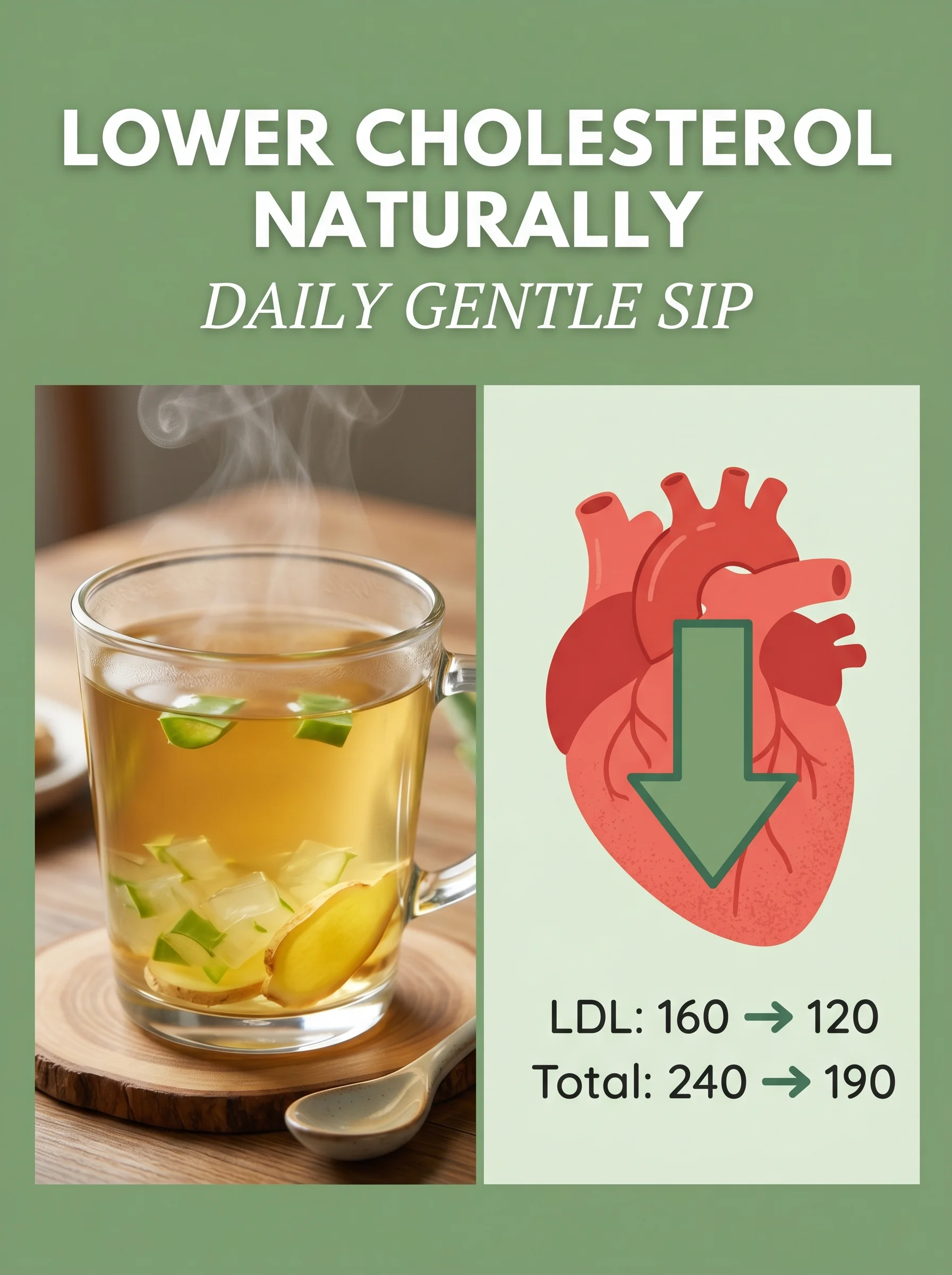 Glass of aloe and ginger infusion next to a graphic showing dropping LDL cholesterol arrows