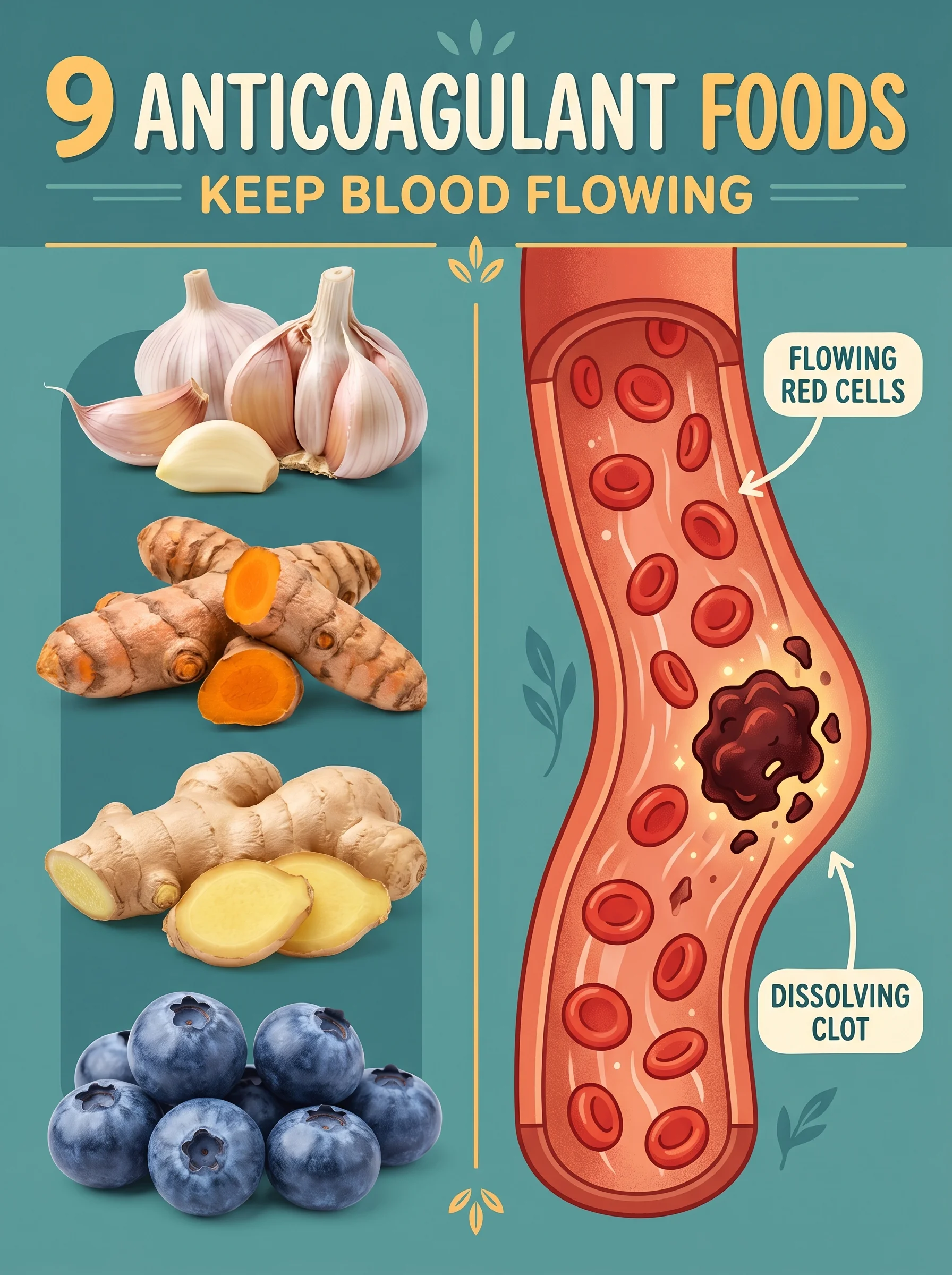 Close-up of garlic, ginger and turmeric beside a glowing illustration of clean open blood vessels