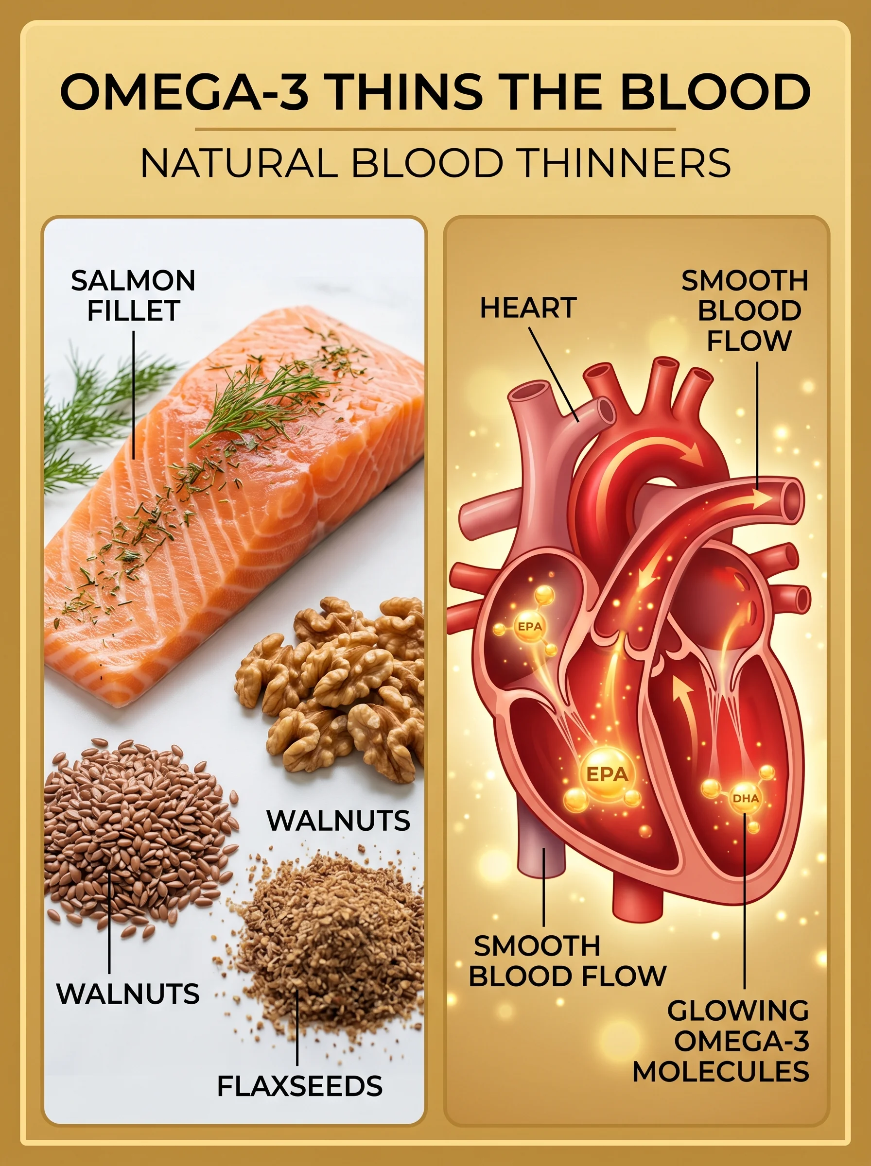 Salmon fillets and walnuts beside an omega-3 chemical illustration showing thinner blood flow