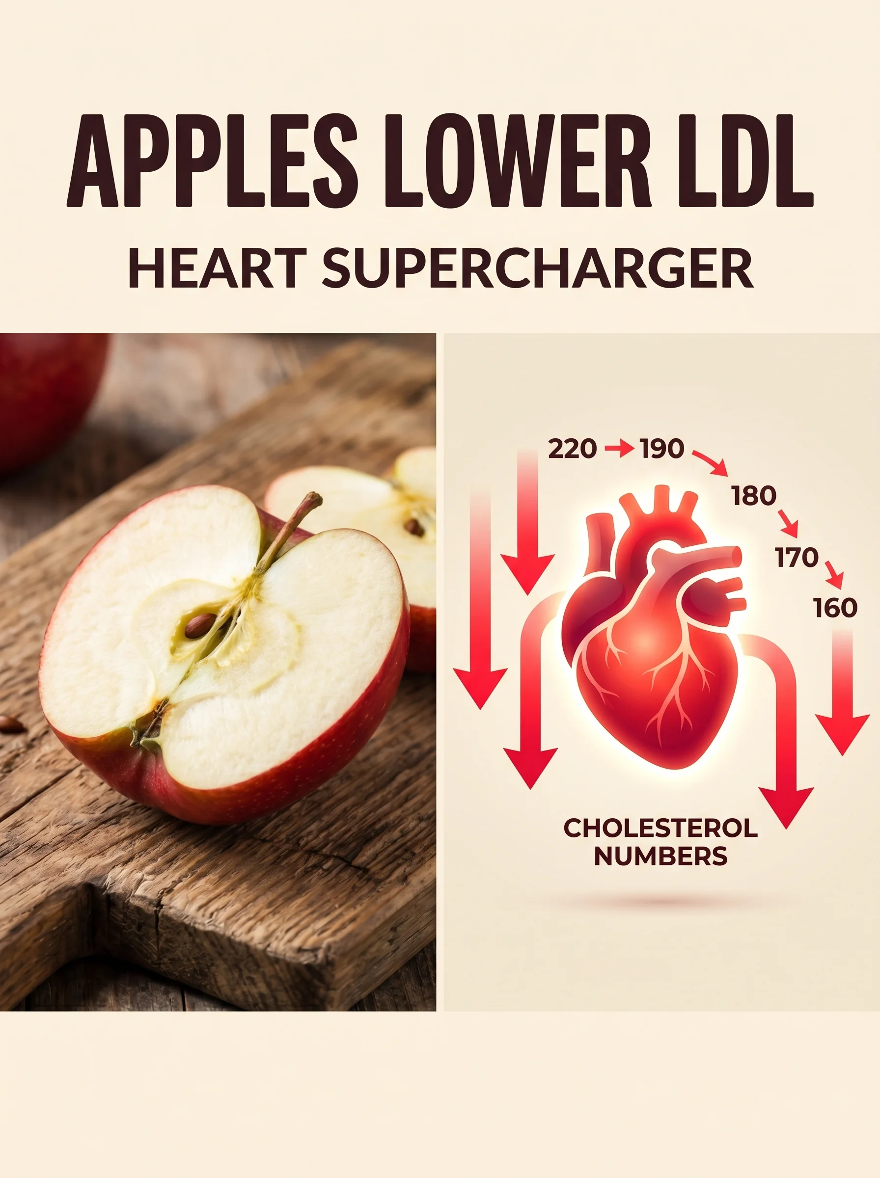 Sliced red apples beside a glowing healthy heart illustration showing improved cardiovascular markers