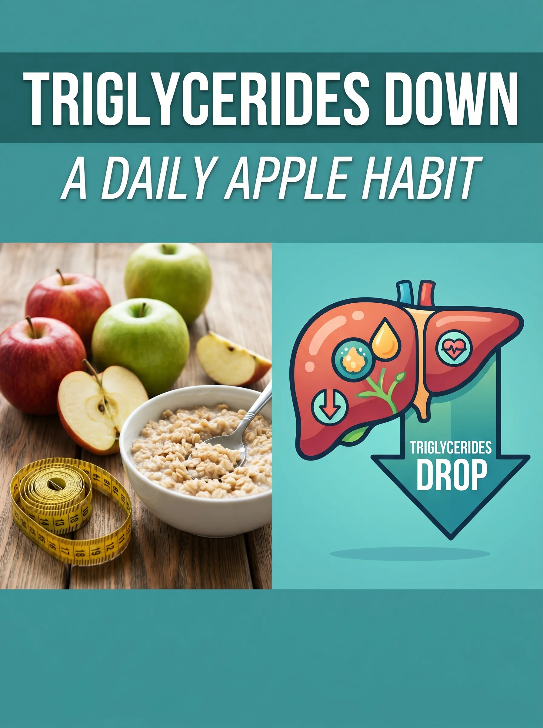 Apple cut in half next to a graph illustration showing falling triglyceride and cholesterol levels