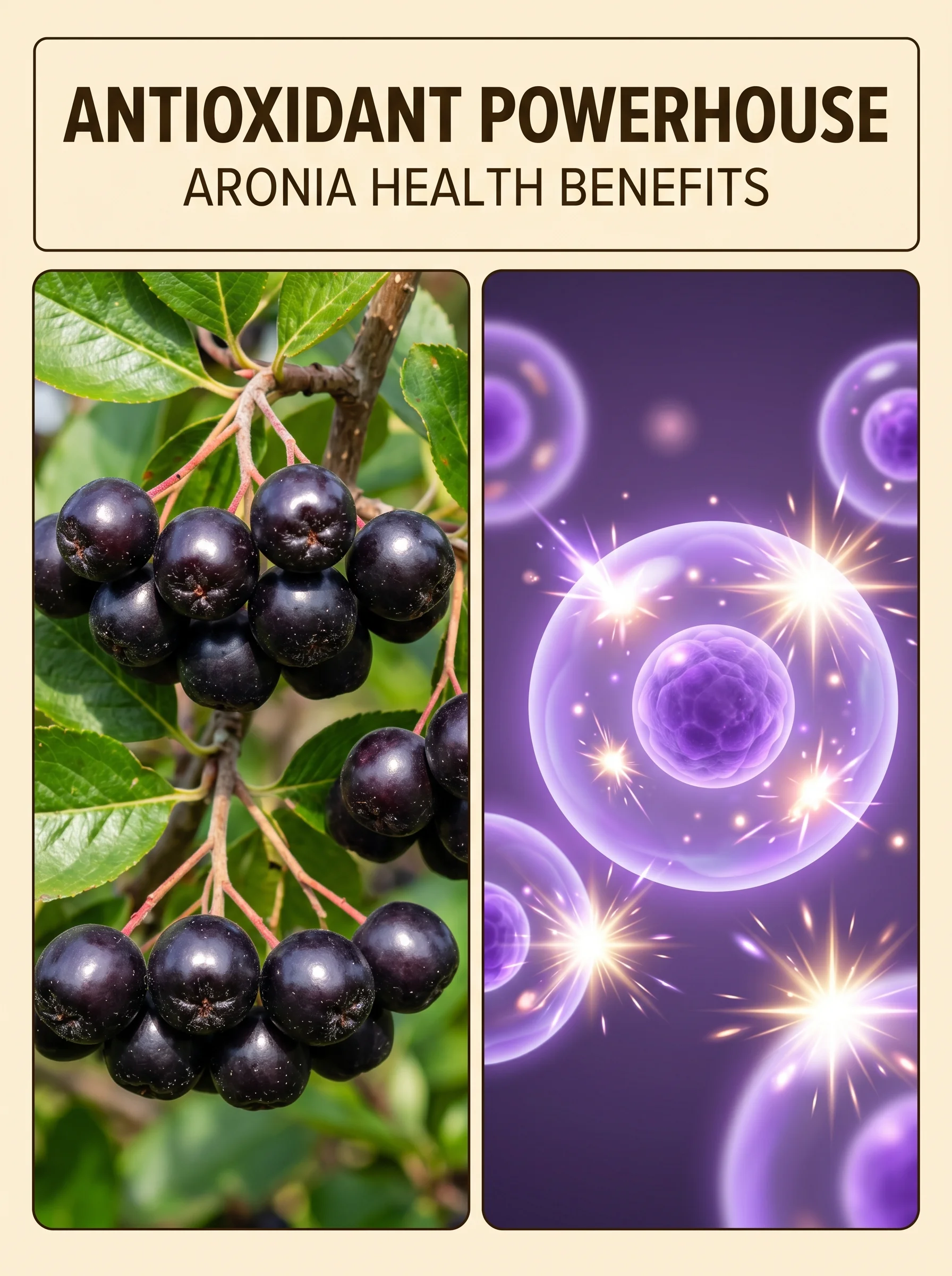 Pinterest panel: left close-up of glossy aronia berries on a branch; right illustrated glowing purple cells with antioxidant sparks, warm cream background
