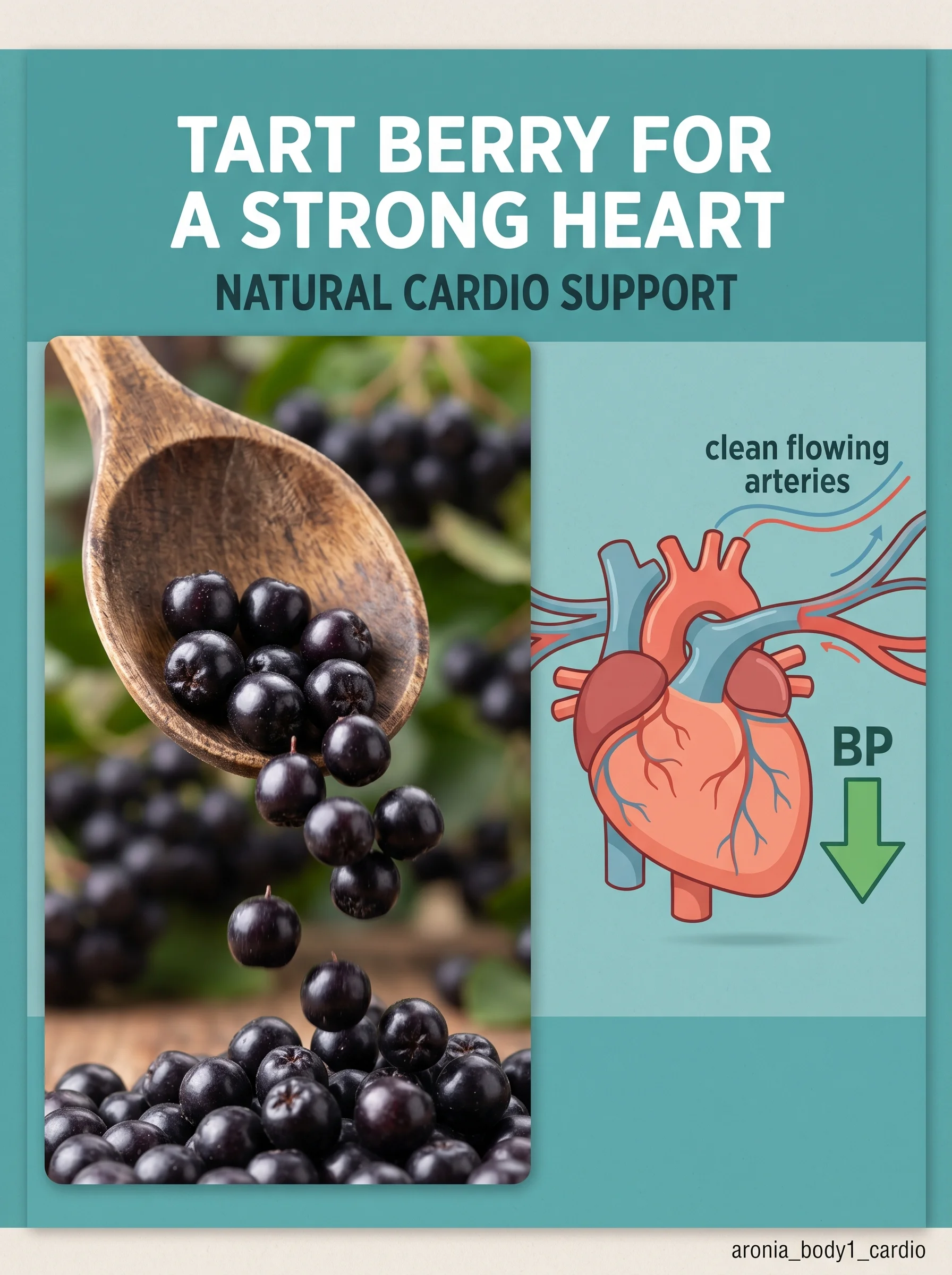 Aronia berries close-up next to a glowing cardio-fitness illustration of a healthy beating heart