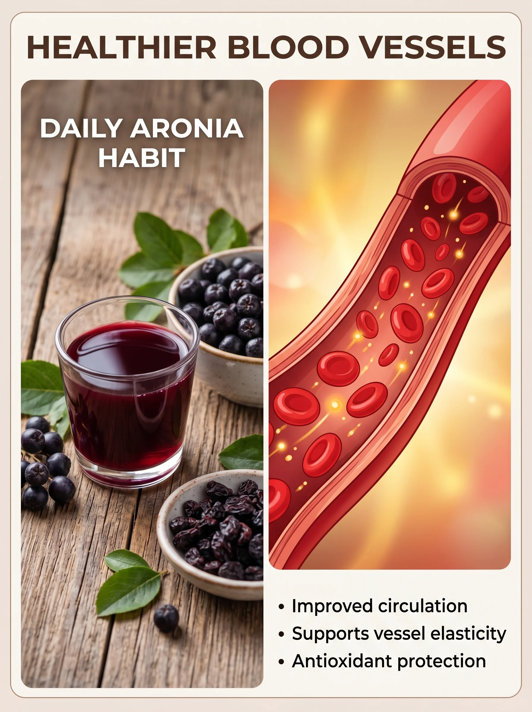 Aronia berries beside an illustration of healthy flexible blood vessels with smooth blood flow