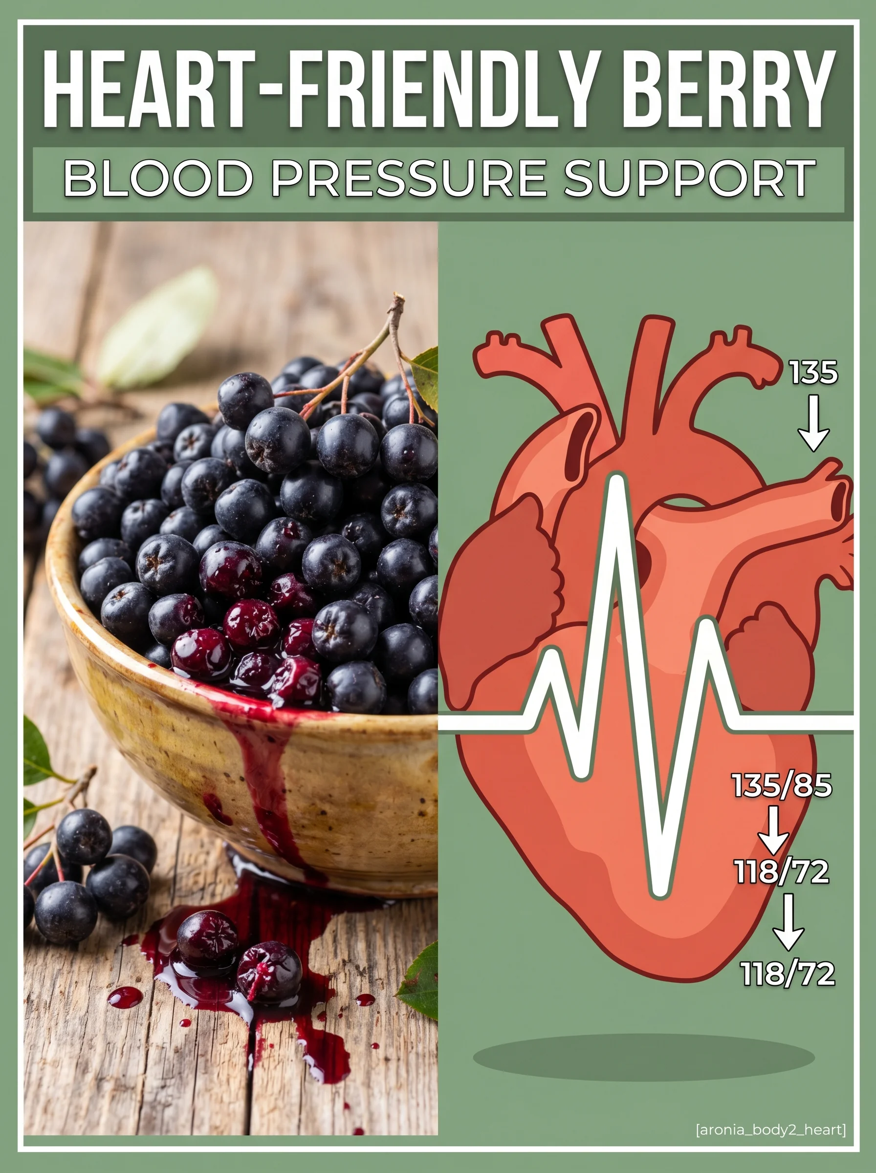 Bowl of aronia berries beside a glowing illustration of a healthy heart and clean arteries