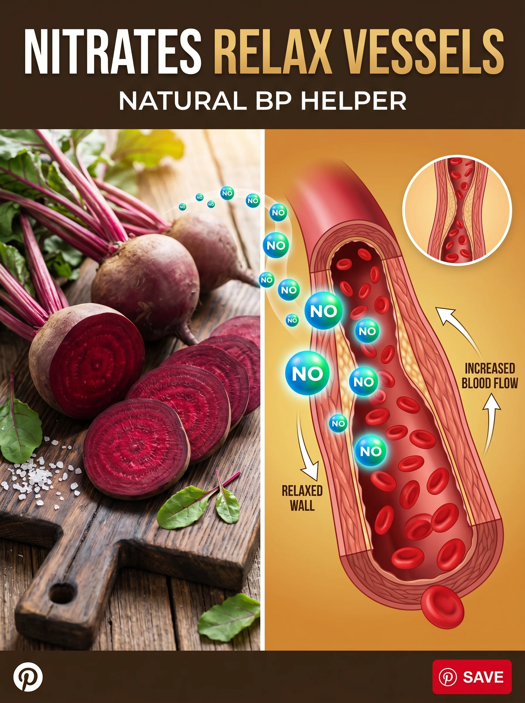 Beetroots beside a chemical illustration showing nitrates converting to nitric oxide for blood-vessel relaxation