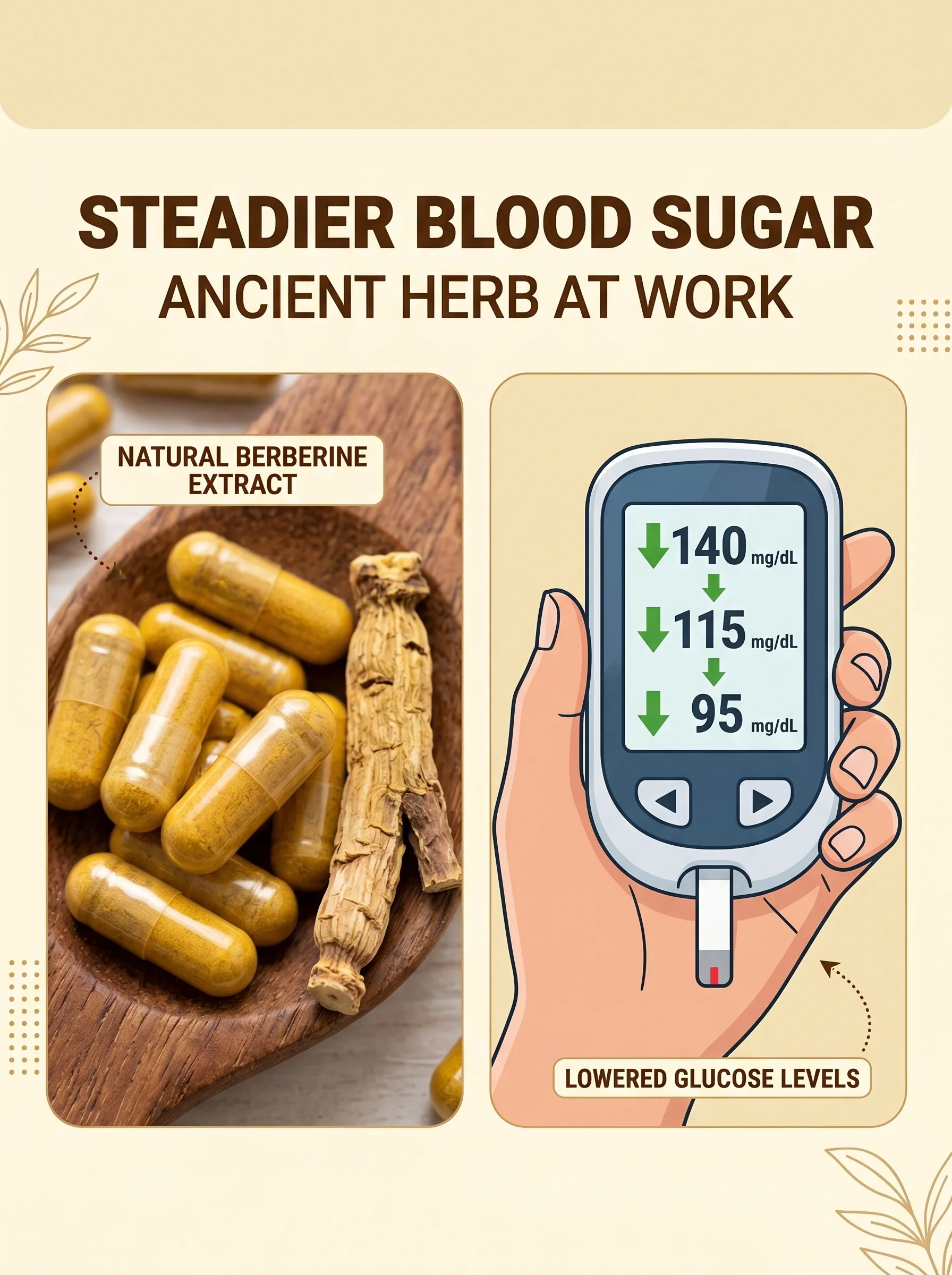 Berberine capsules and goldenseal root beside an illustration of stable glucose graph