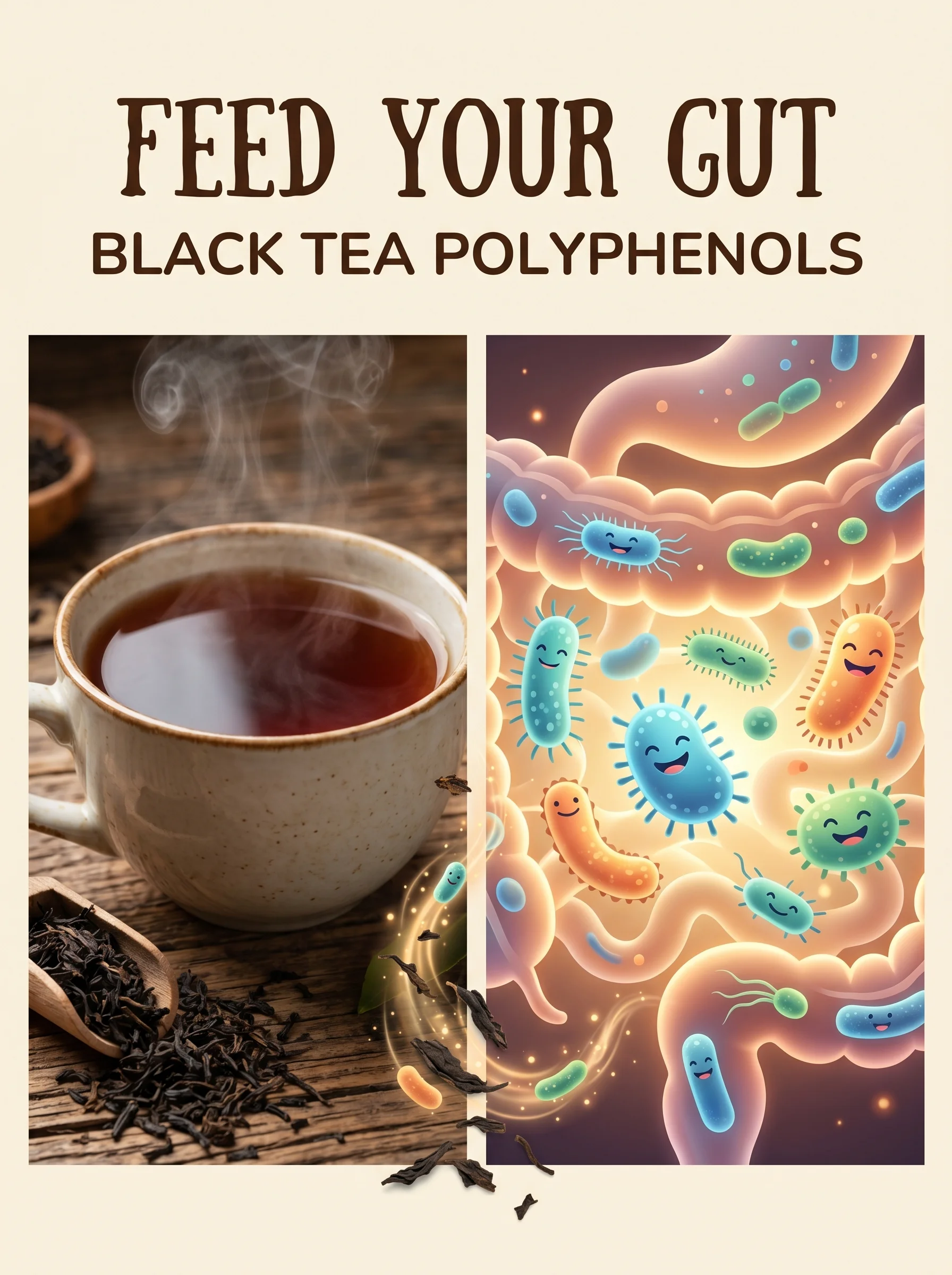 Cup of black tea beside an illustration of a healthy gut microbiome with diverse beneficial bacteria