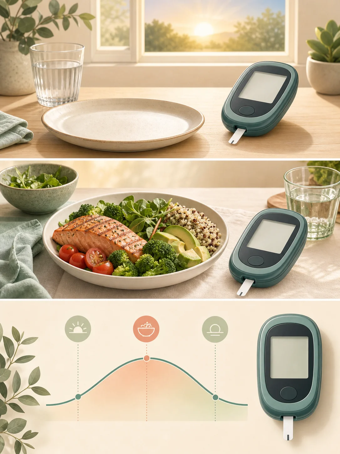 Fasting and after-meal scenes with a blank glucose meter and a gentle response curve