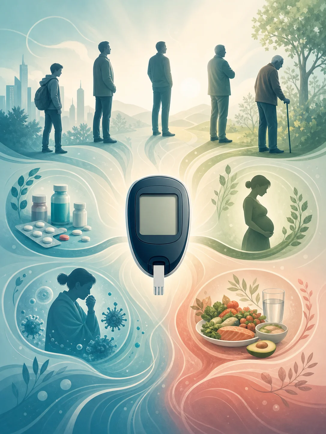 Glucose meter surrounded by life stages, medication, pregnancy, illness, and meal contexts