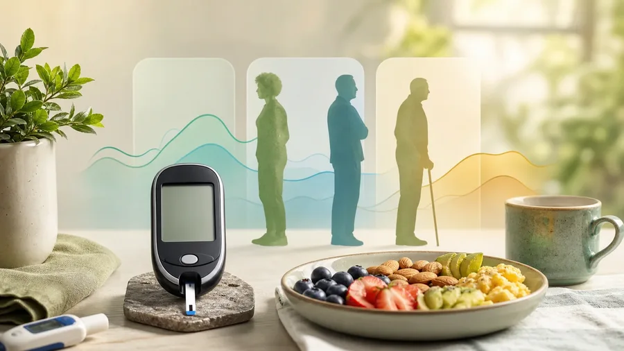 A blood glucose meter beside a simple age-aware fasting and after-meal range chart