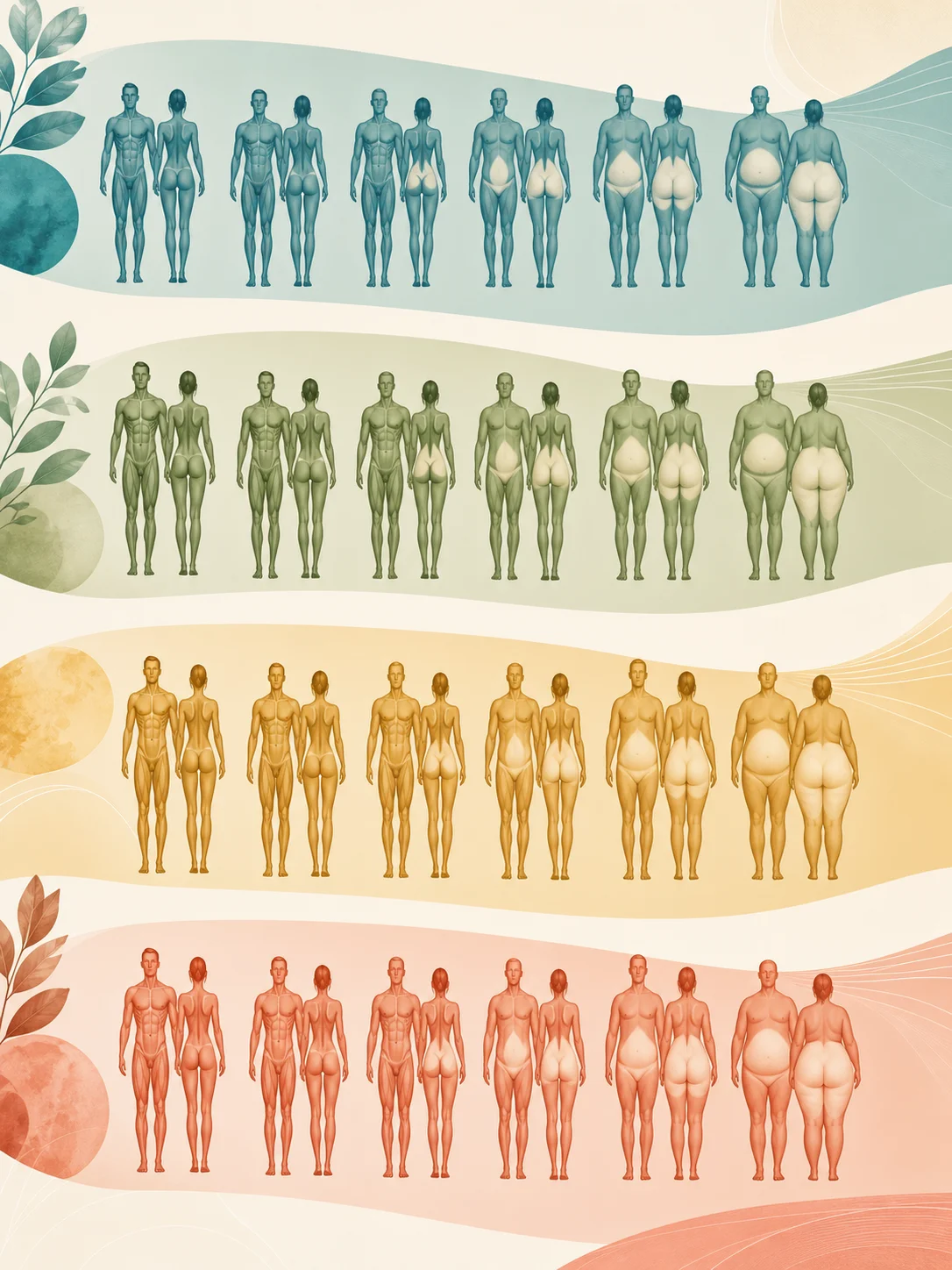 Male and female body silhouettes of varied builds arranged across smooth unlabeled category bands