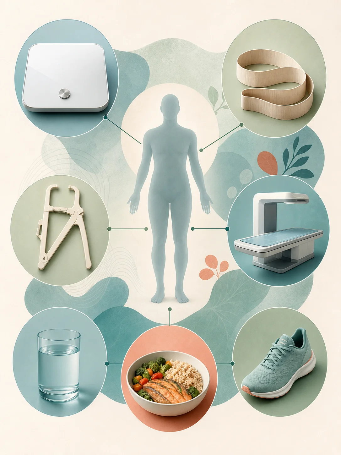 Body silhouette connected to a blank scale, plain tape, calipers, scanner, hydration, food, and exercise