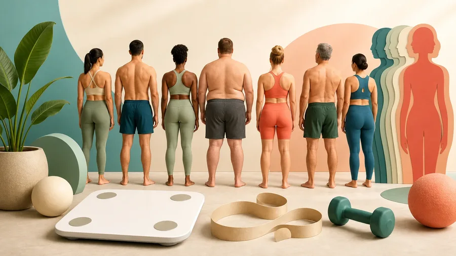 Male and female body-composition silhouettes beside broad essential, athlete, fitness, and general ranges