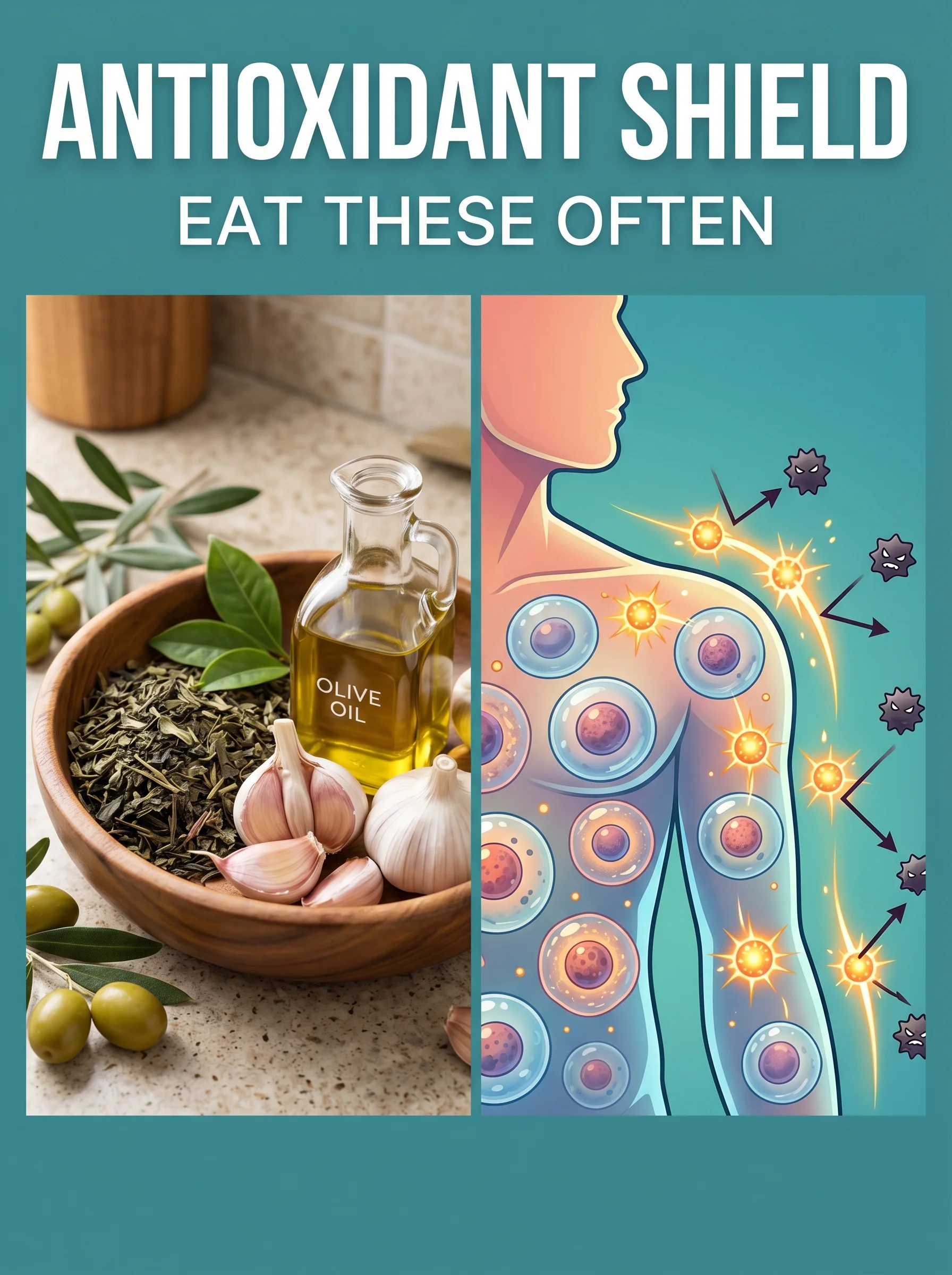 Pinterest panel: left photo of a bowl of green tea, garlic, and olive oil; right illustrated body with glowing antioxidant sparks protecting cells, warm teal background