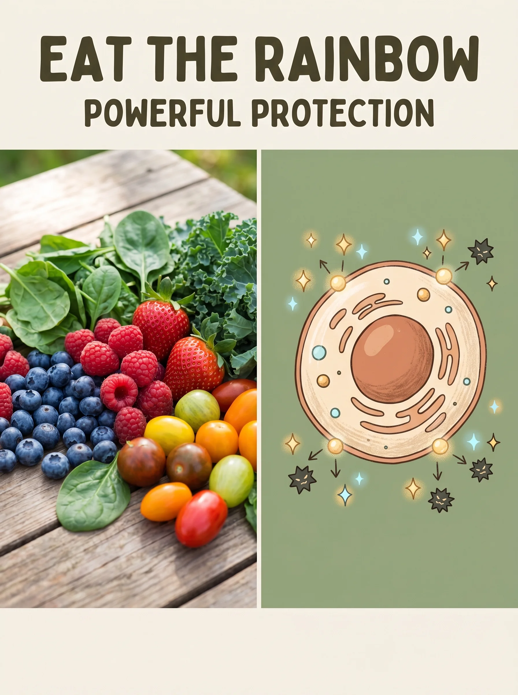 Bowl of mixed berries beside an illustration of polyphenols stopping abnormal cell growth
