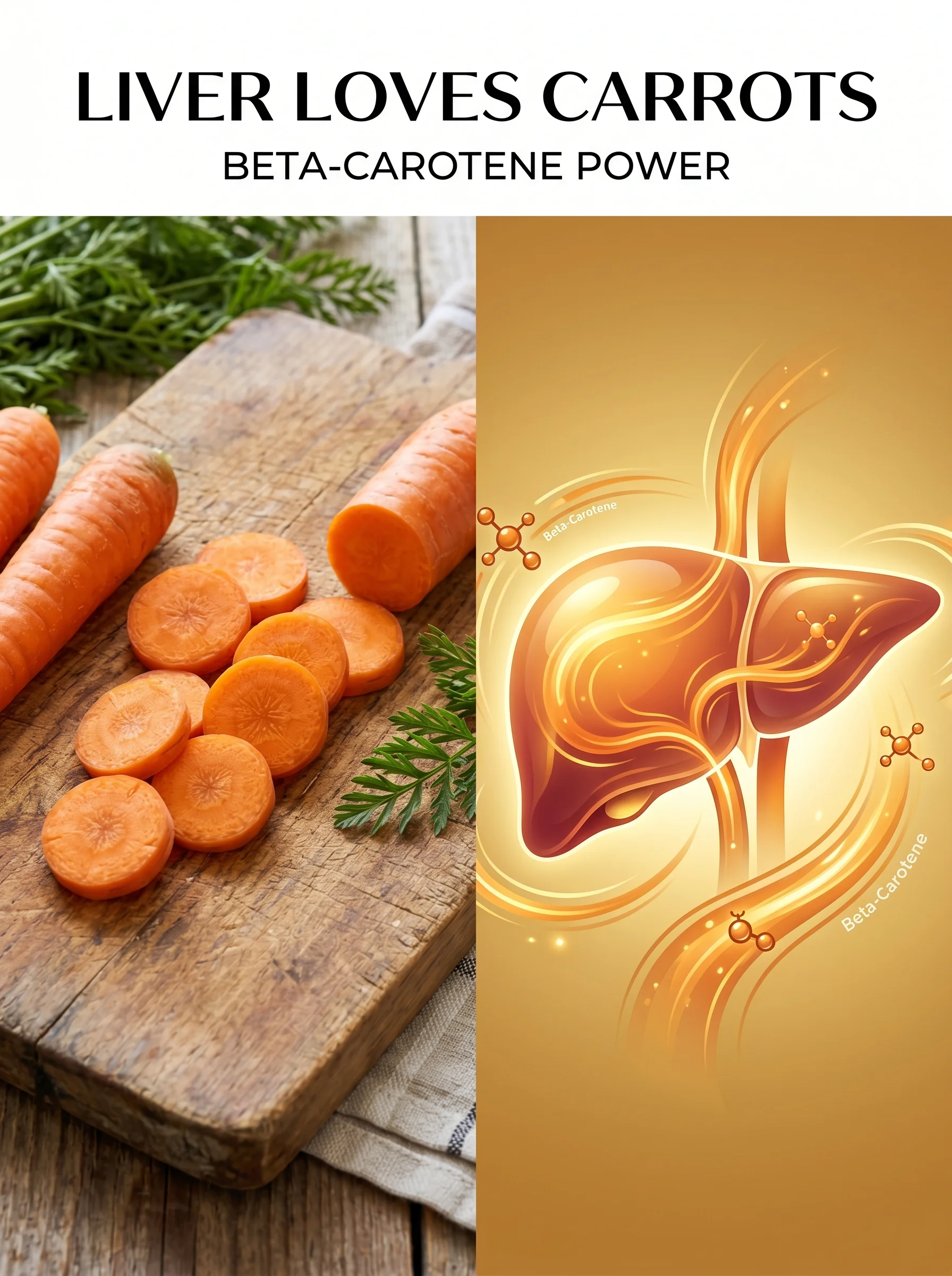Carrots and ginger beside an illustration of a healthy liver supporting cholesterol metabolism
