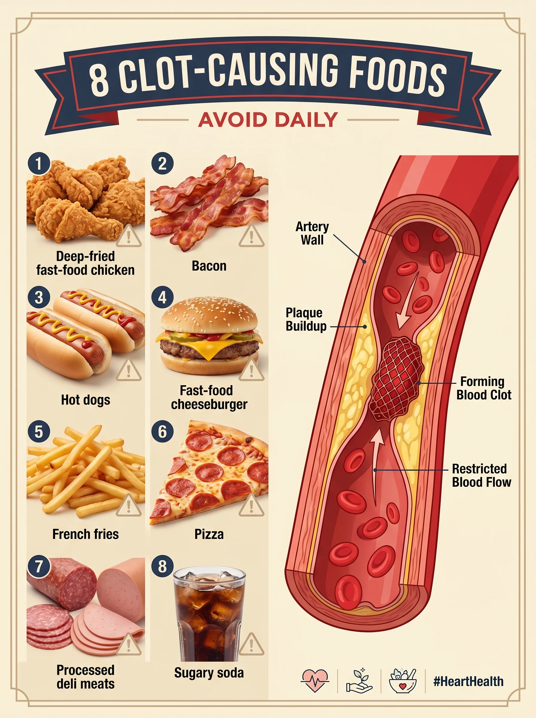 Plate of processed meats and pastries marked with a red avoid stamp beside a clogged-vessel illustration