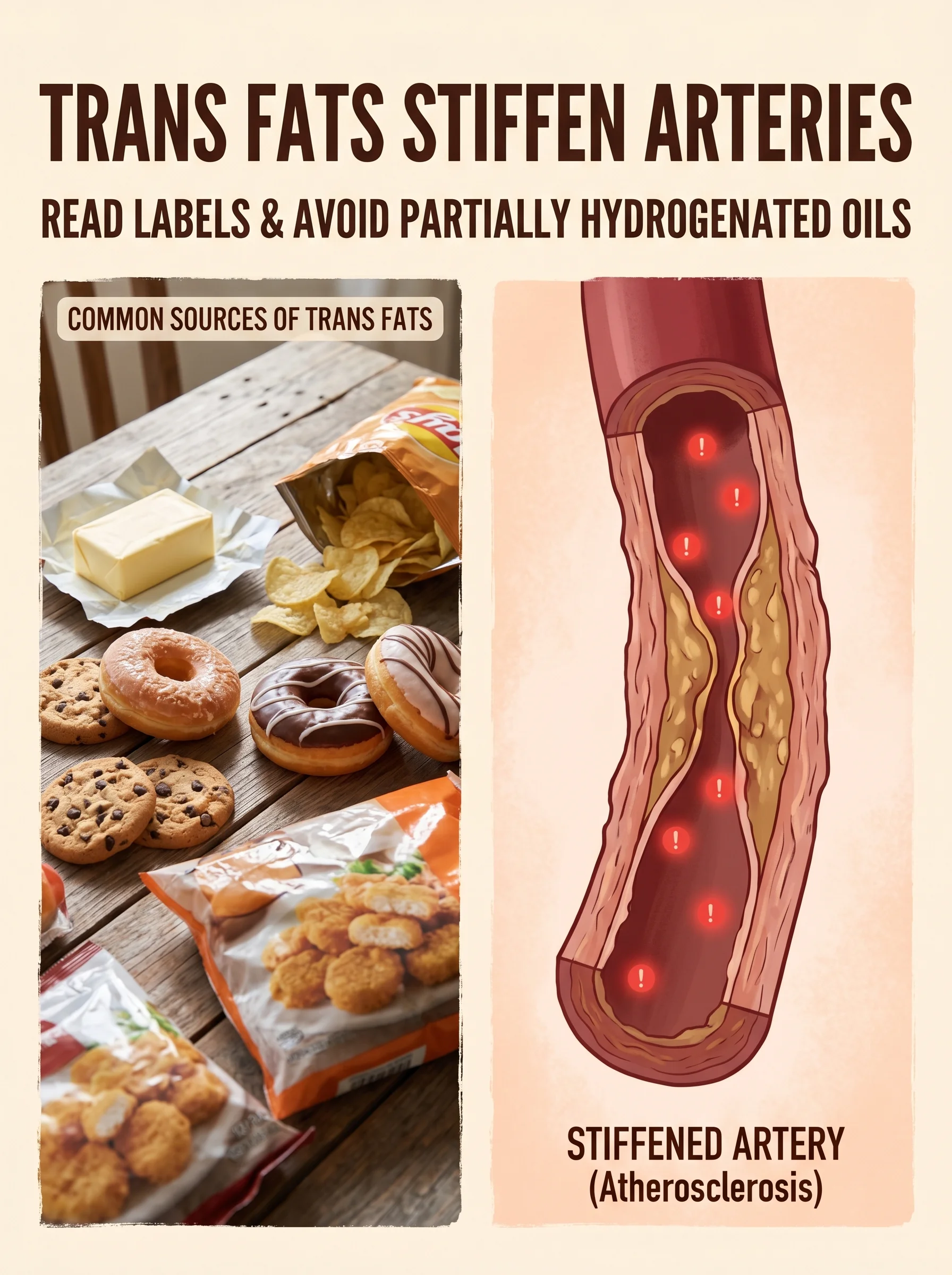 Margarine and fried foods beside a chemistry illustration of trans fats damaging blood vessels