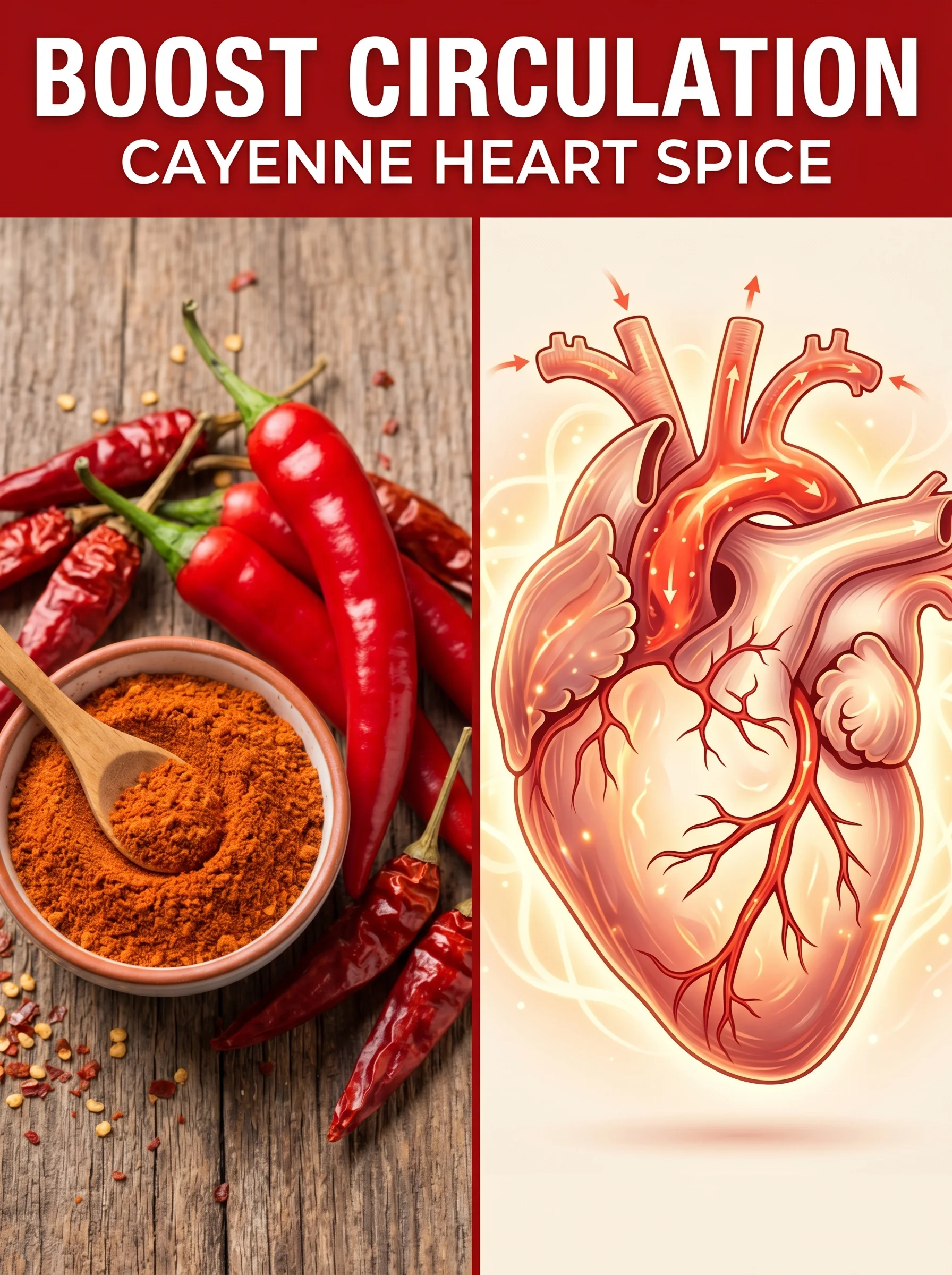 Red cayenne peppers beside an illustration of warm, well-circulated blood flow through the body