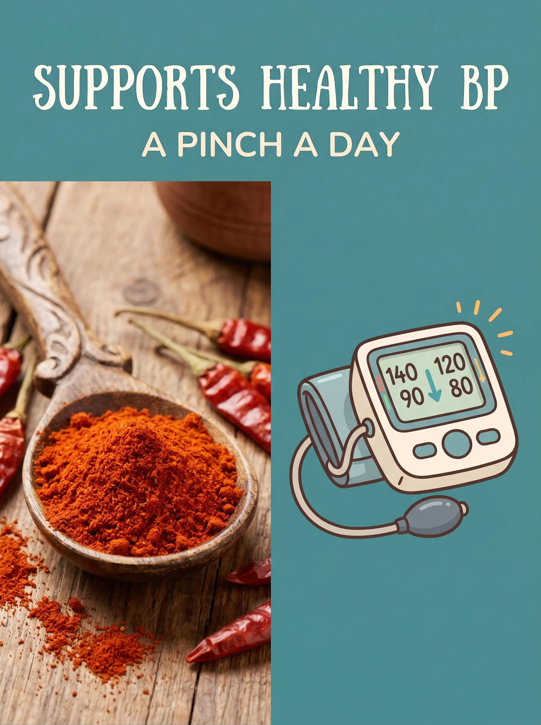 Cayenne powder beside a blood-pressure cuff illustration showing healthy lower readings