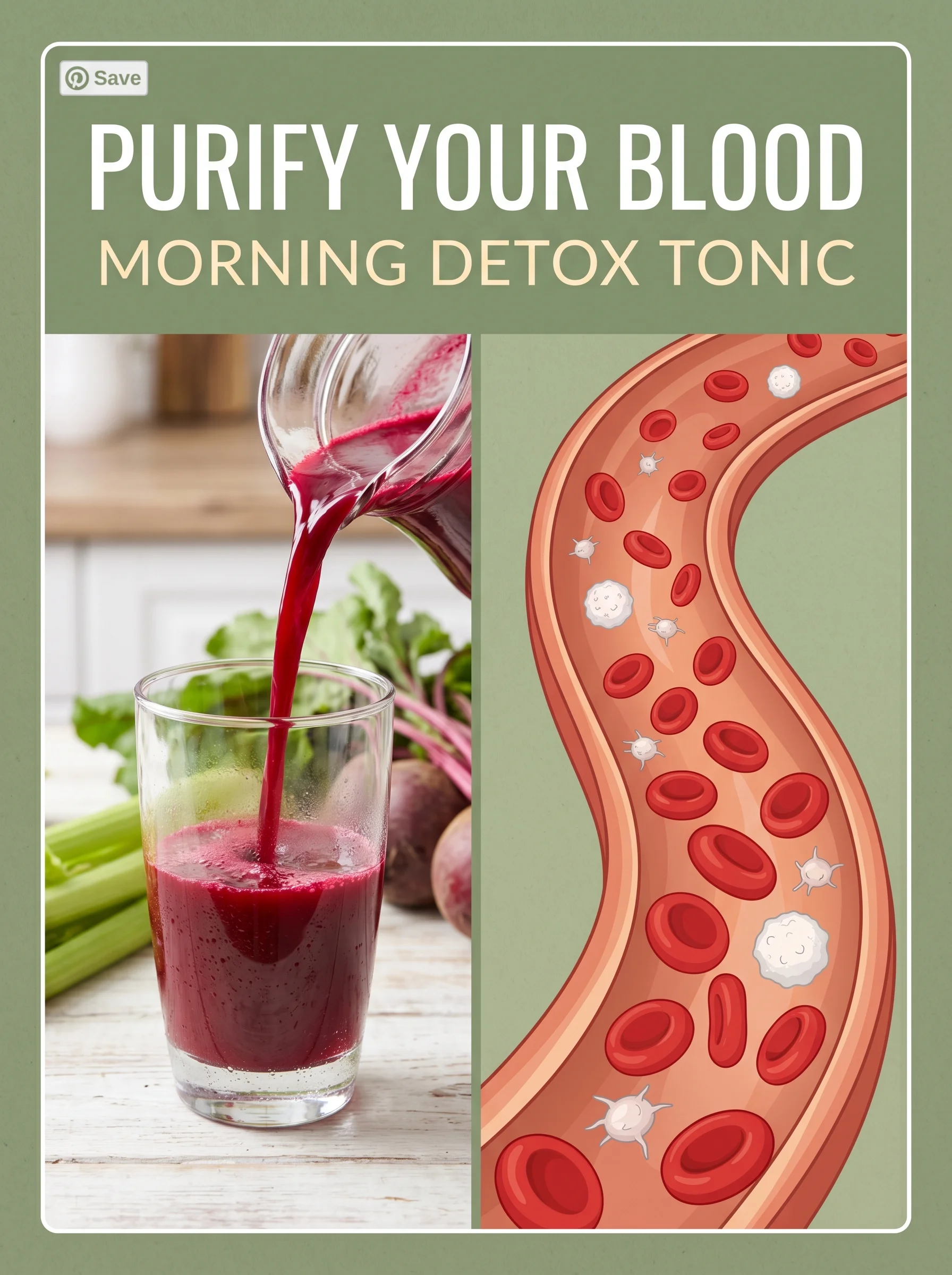 Beets and celery beside an illustration of healthy red blood cells and smooth blood flow