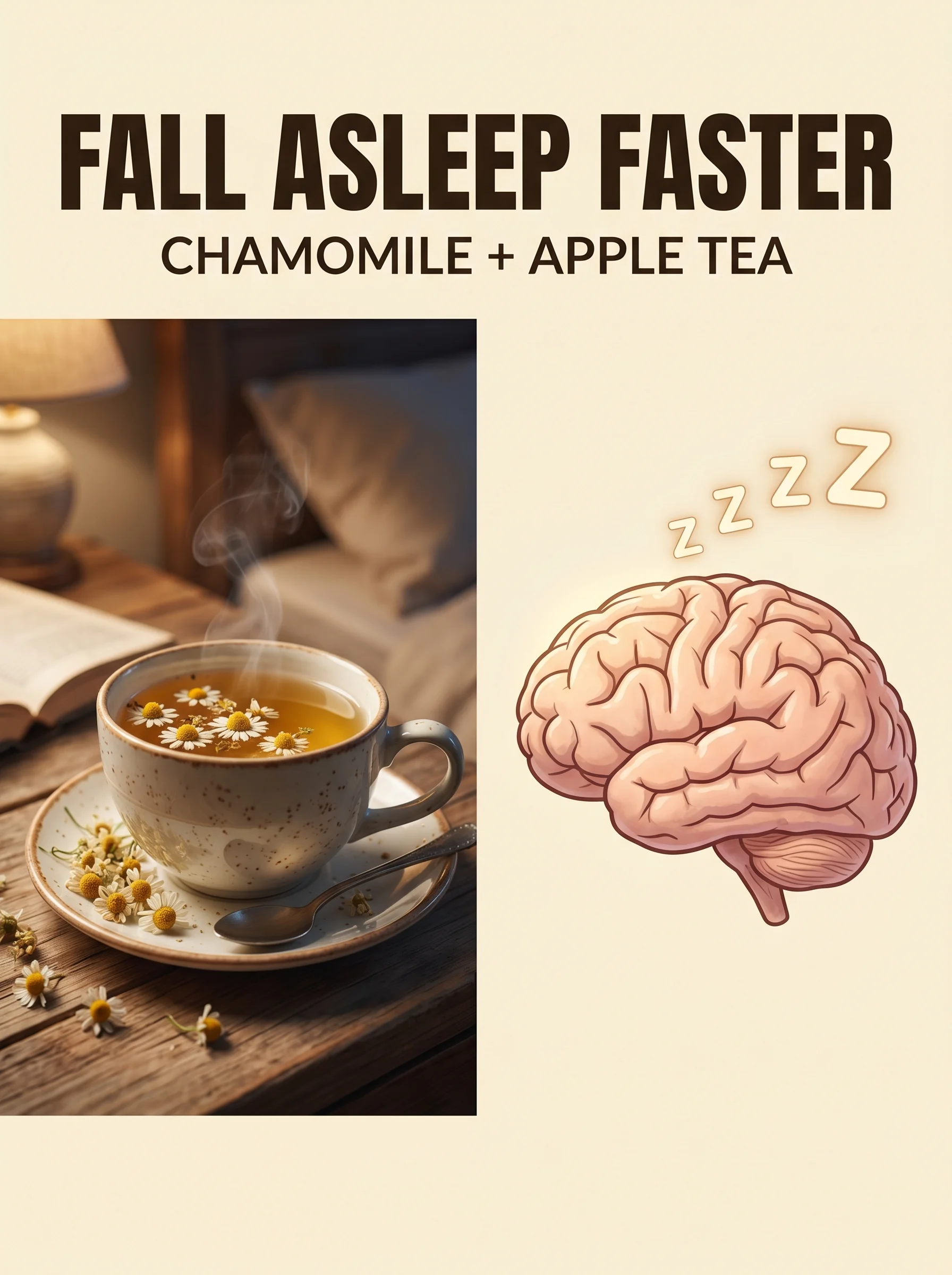 Cup of chamomile and apple tea beside a peaceful sleeping figure illustration