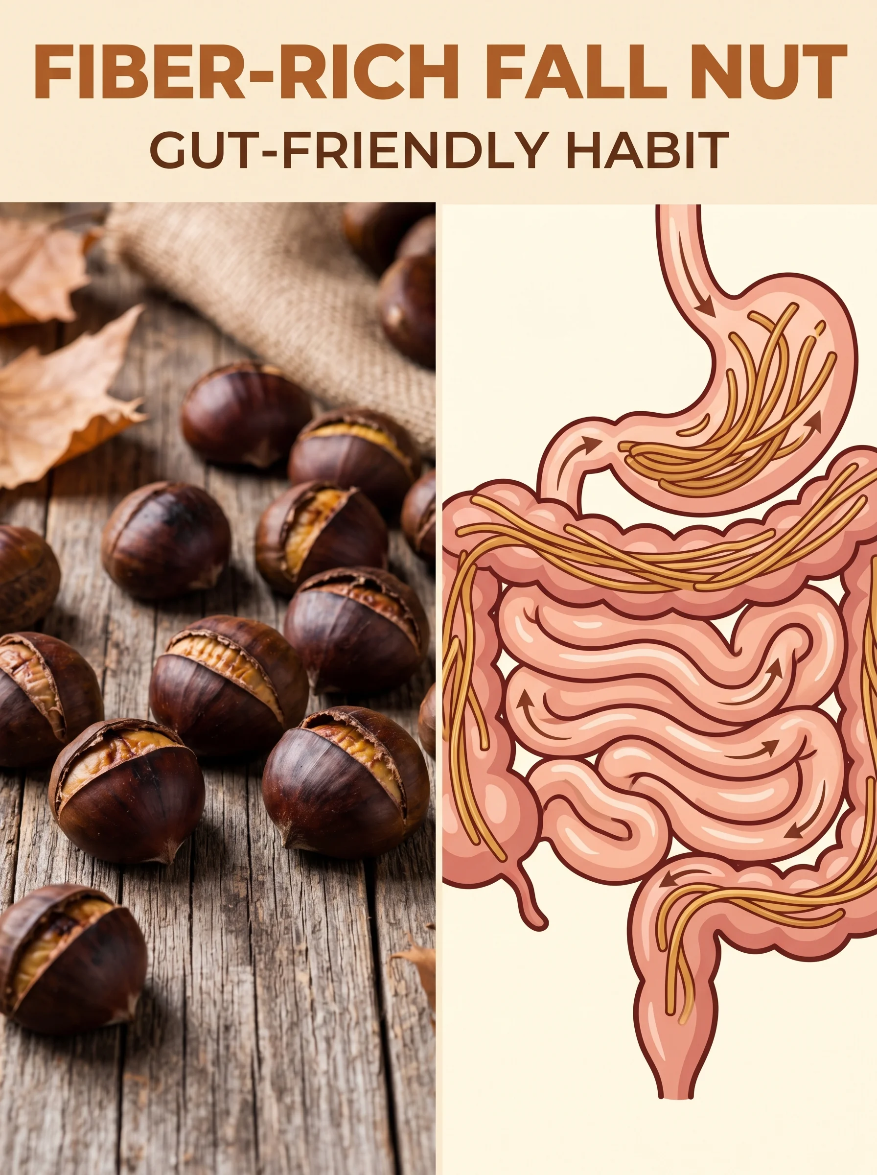 Pile of roasted chestnuts beside an illustration showing high fiber content and gut benefits