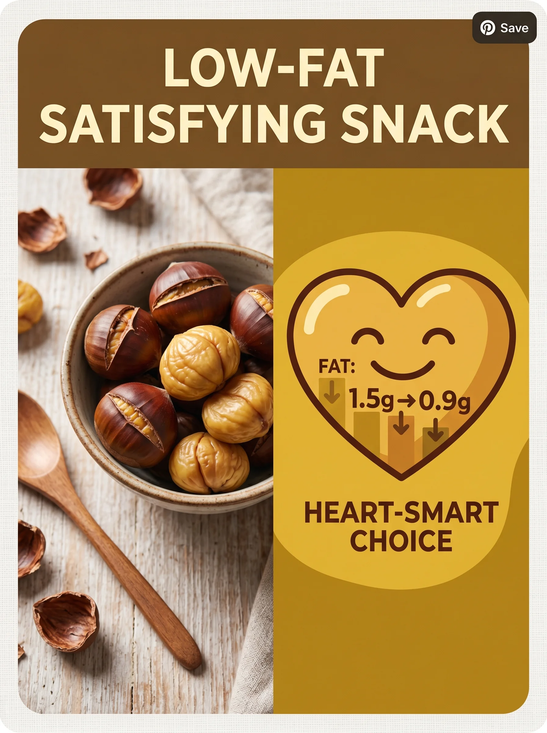 Chestnuts in bowl beside a label noting they are the only naturally low-fat nut