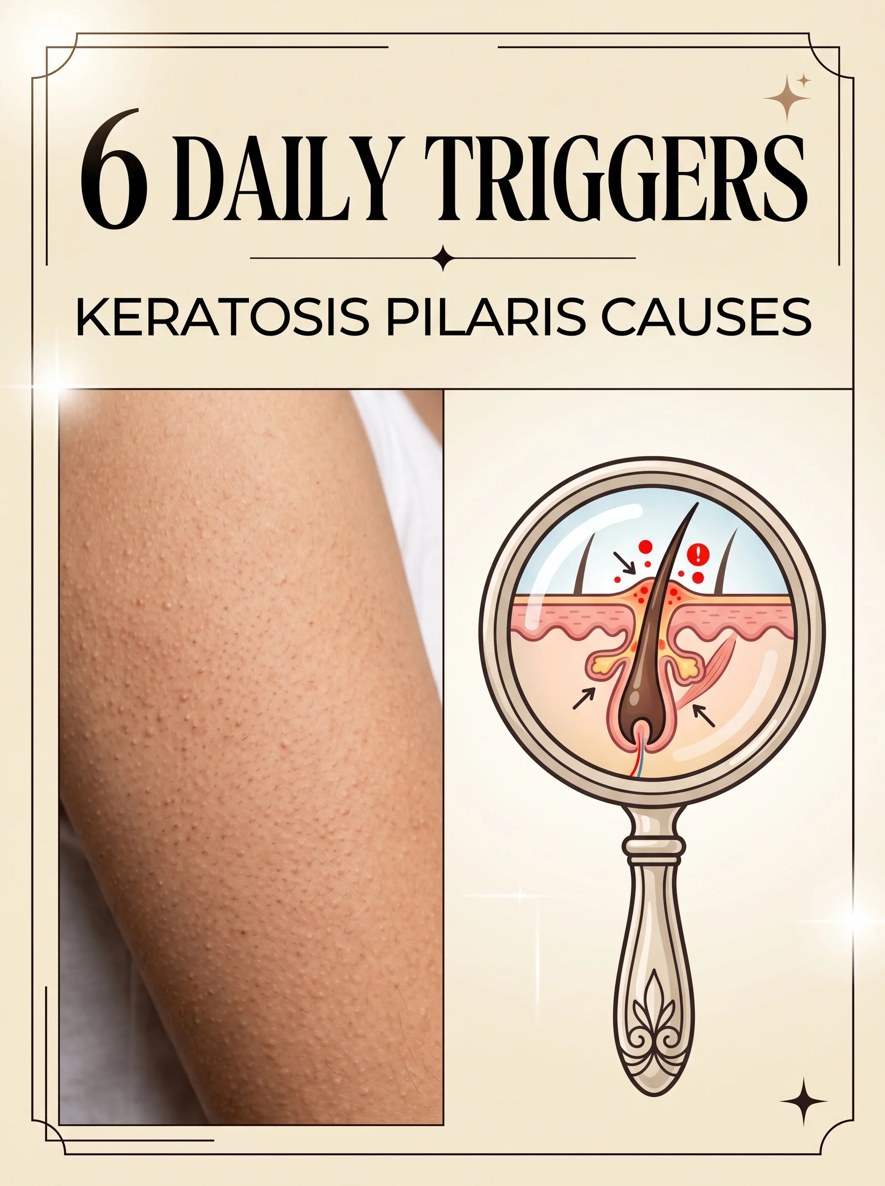 Close-up of bumpy upper-arm skin beside an illustration of common keratosis-pilaris triggers