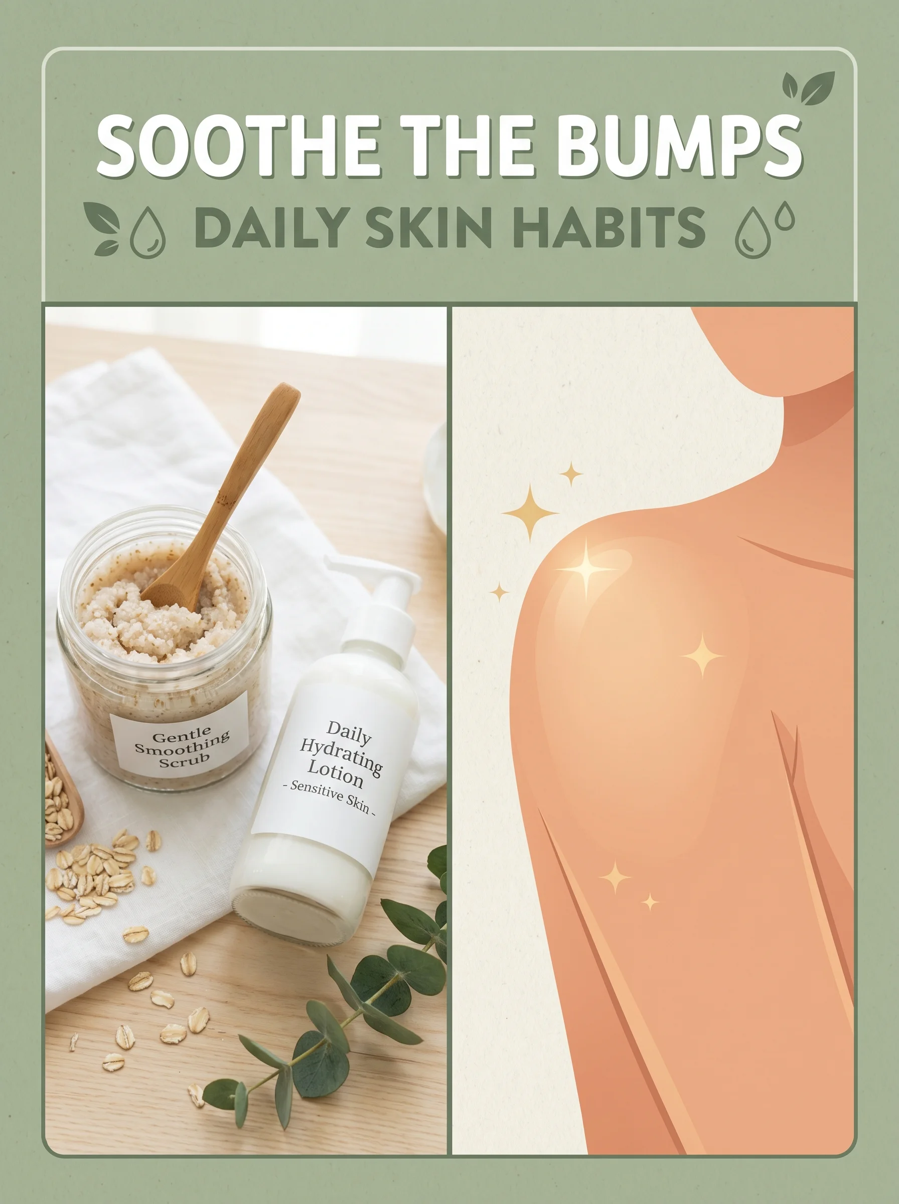 Smooth healthy arm skin beside an illustration of a moisturizer bottle and exfoliating glove
