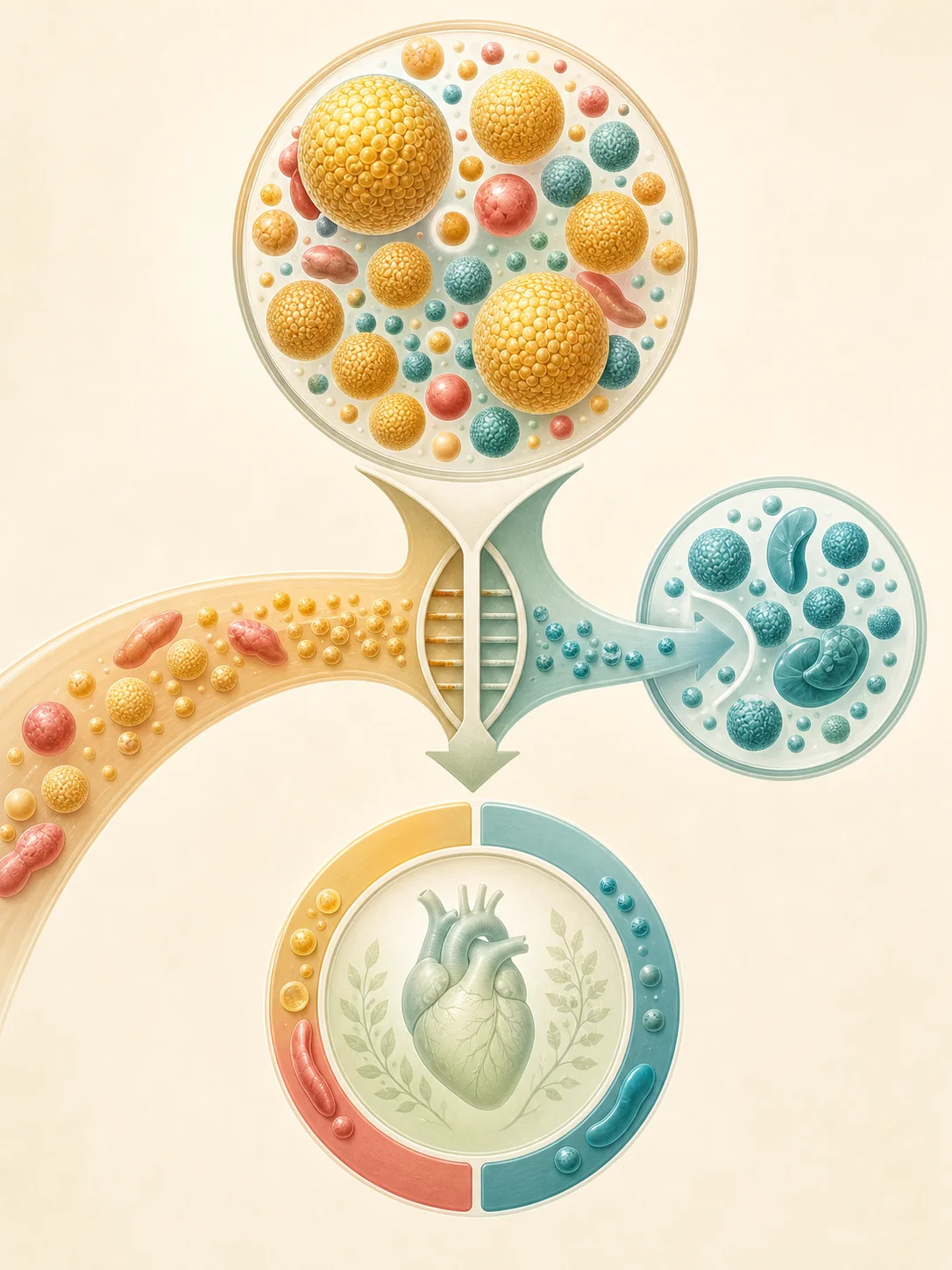 Mixed total-cholesterol particle pool compared with a teal HDL pool and a balanced heart result