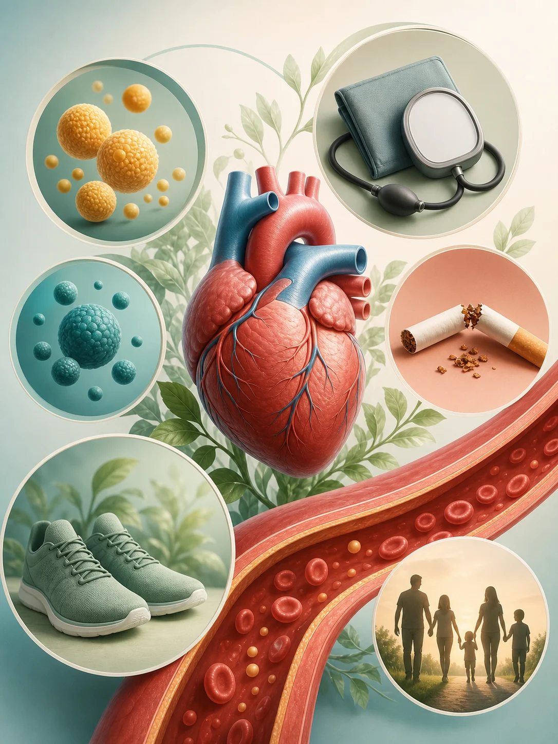 Heart and blood vessel surrounded by lipid particles, blank blood-pressure cuff, broken cigarette, activity, and family context