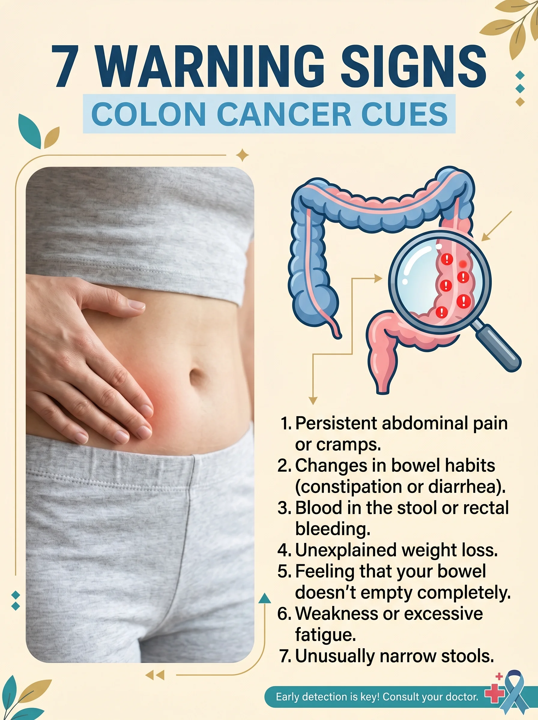 Diagram of the colon highlighting persistent symptoms that signal early colon cancer