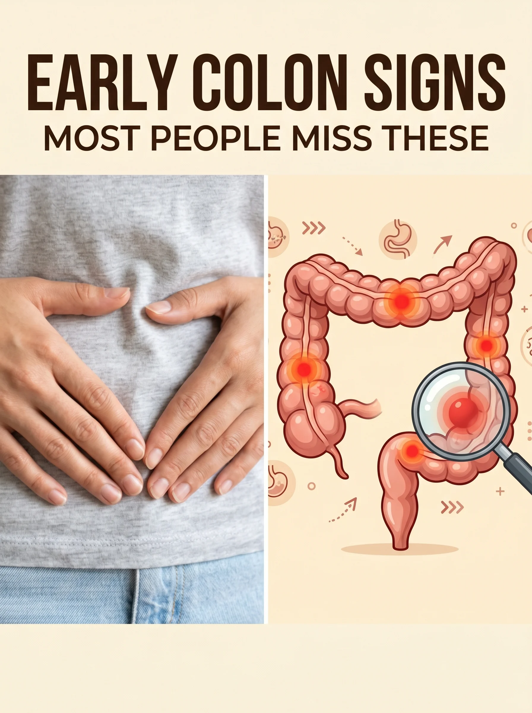 Person noticing abdominal symptoms beside an illustration of the colon highlighting early-cancer signs