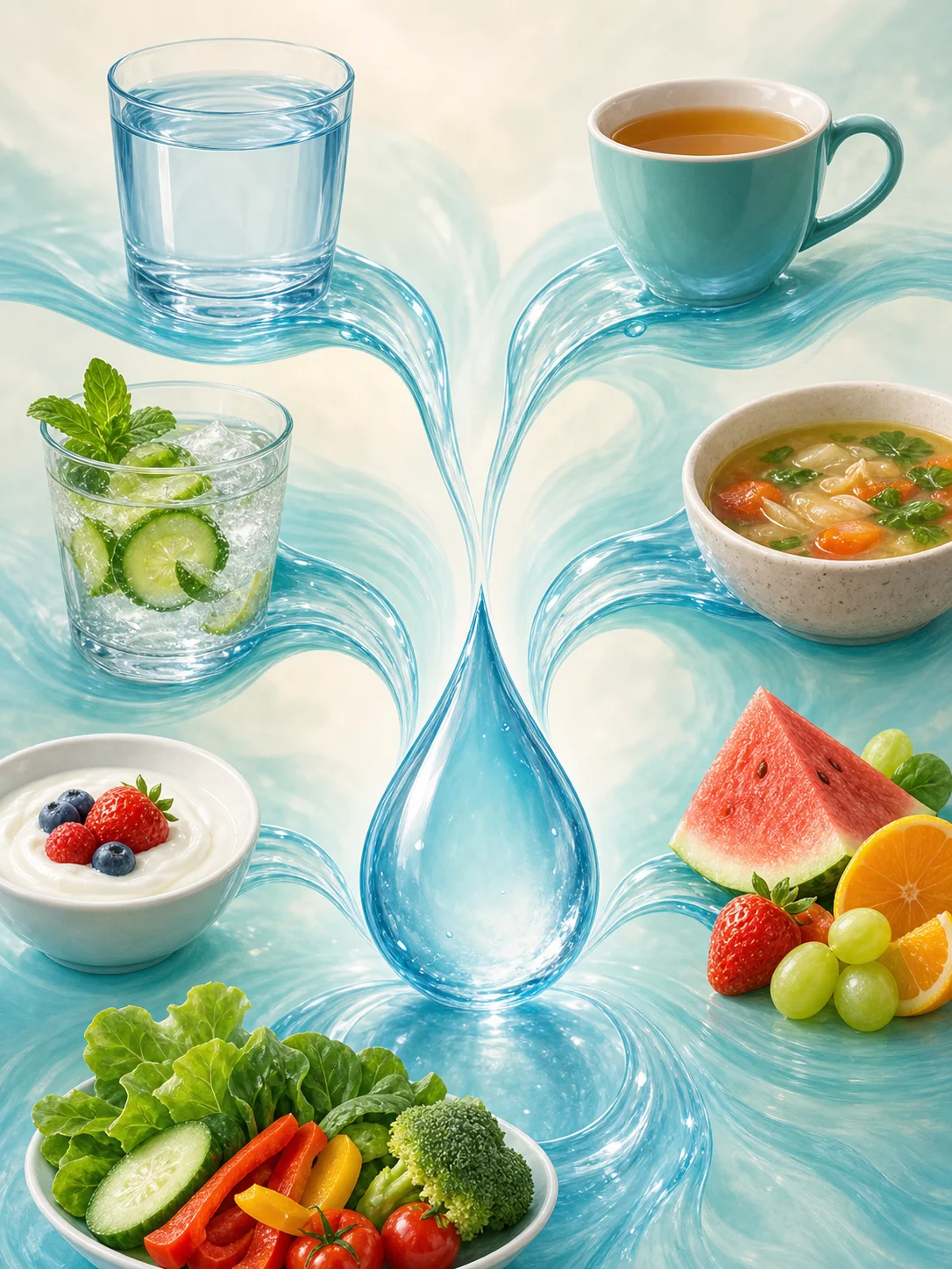 Water, tea, soup, yogurt, fruit, and vegetables flowing into a central hydration droplet