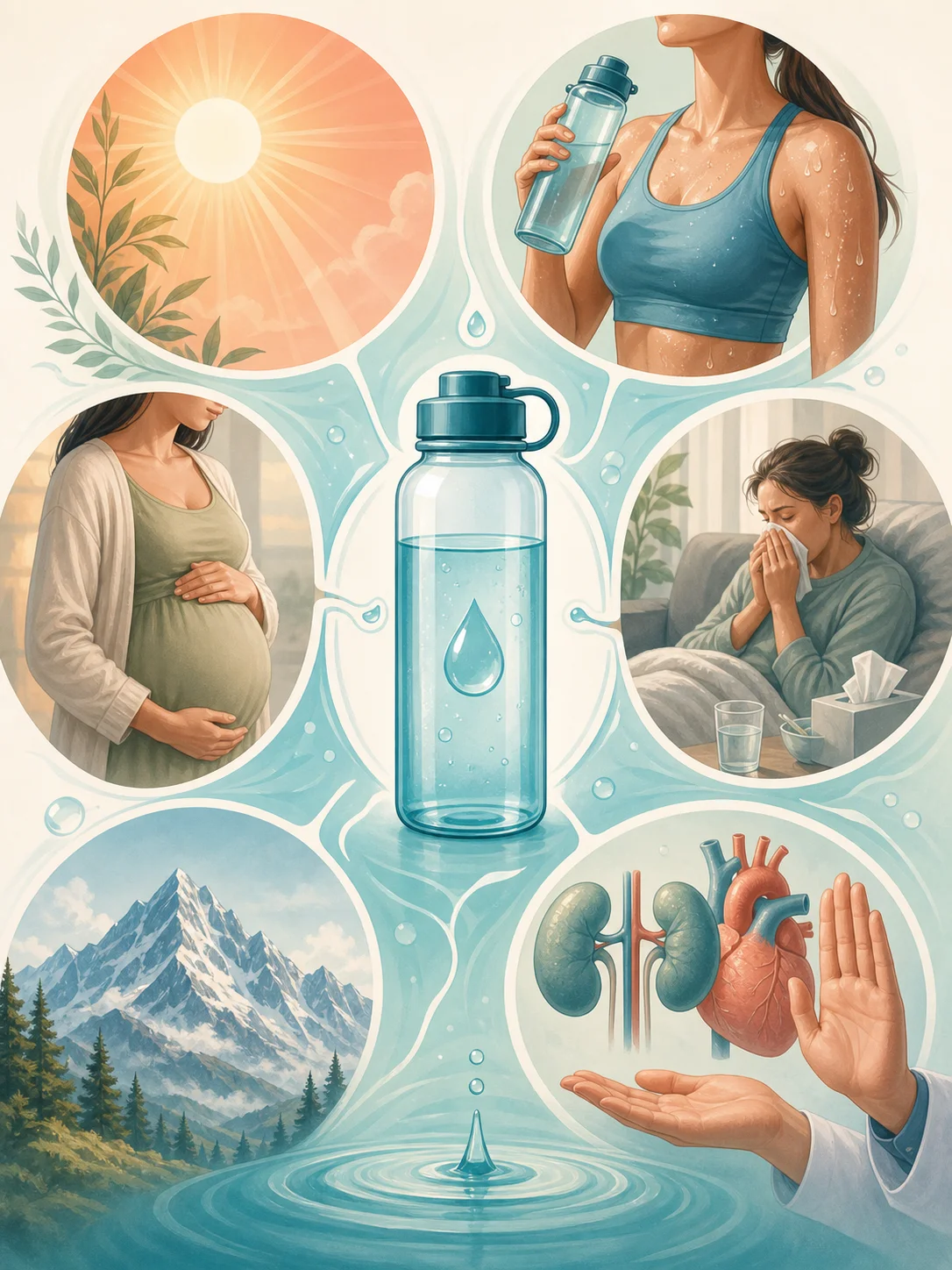 Water bottle connected to heat, exercise, pregnancy, illness, altitude, kidney, heart, and a stop-hand symbol
