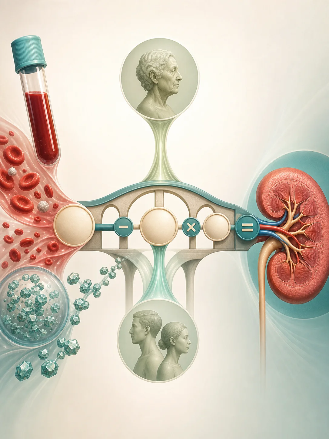 Creatinine blood sample, age and sex symbols connected through an equation bridge to a kidney