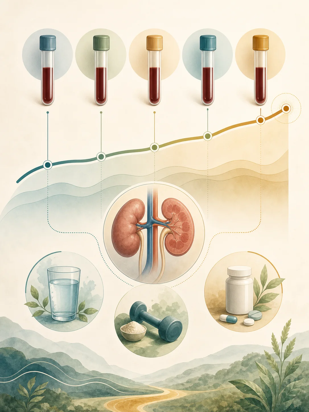 Serial blood samples connected to a kidney trend with hydration, muscle, and medication context