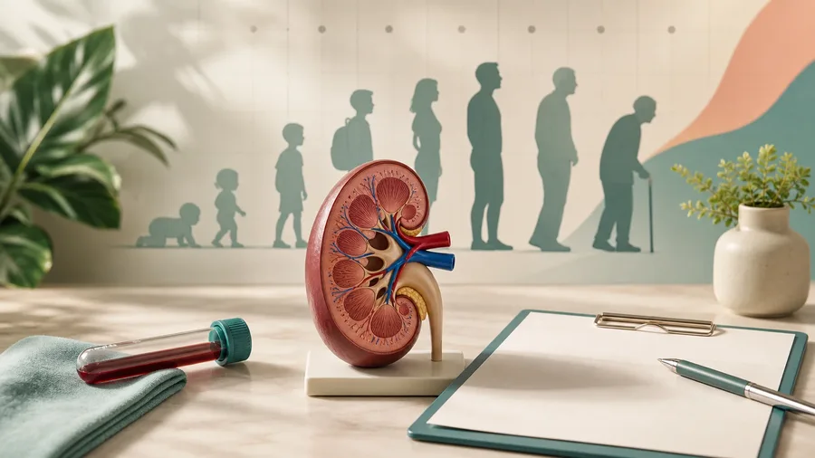 A kidney illustration beside an age-based eGFR trend chart and laboratory creatinine tube