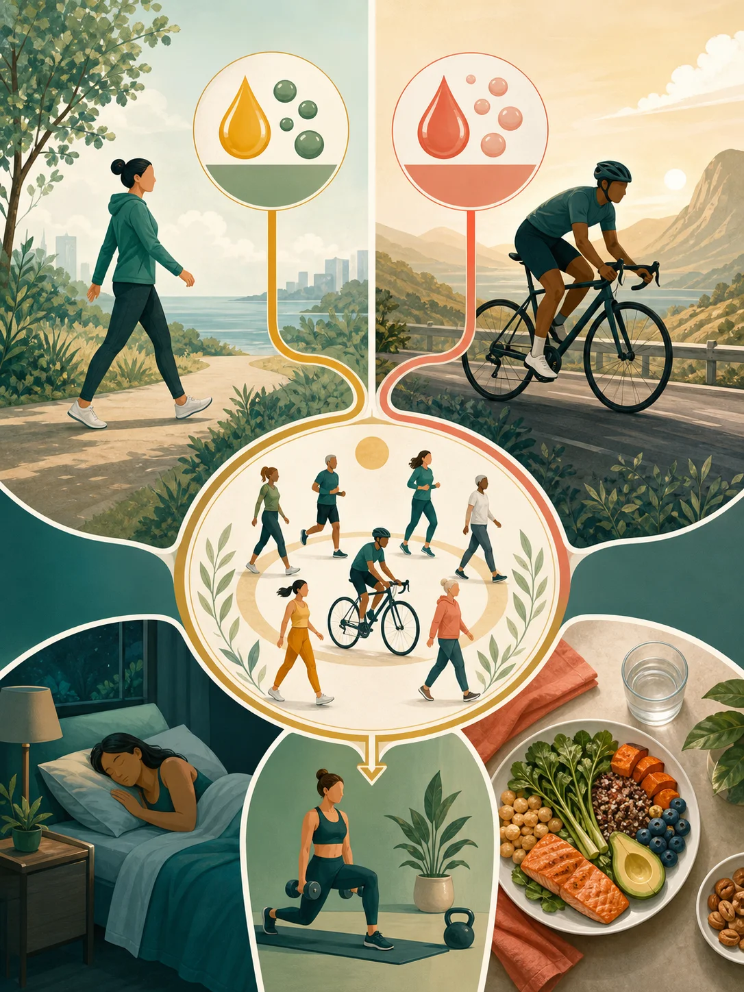 Steady walking and vigorous cycling feeding into a weekly pattern with sleep, strength work, and balanced food