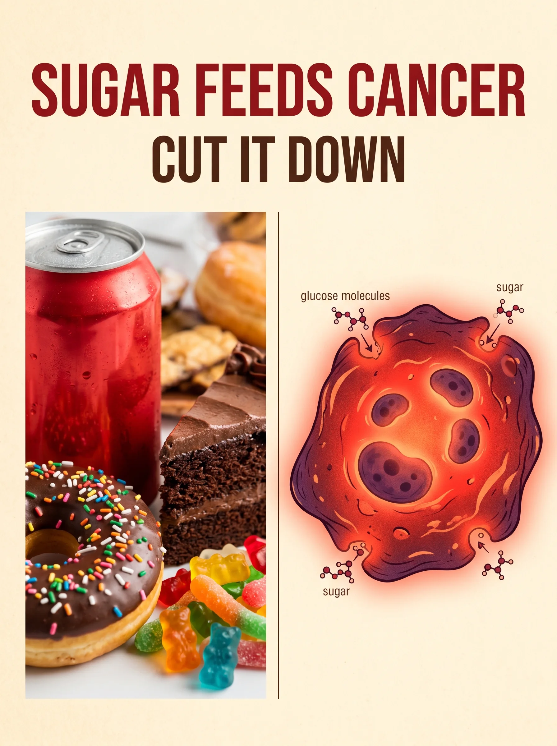 Sugar cubes and sweets beside an illustration of cancer cells thriving on glucose