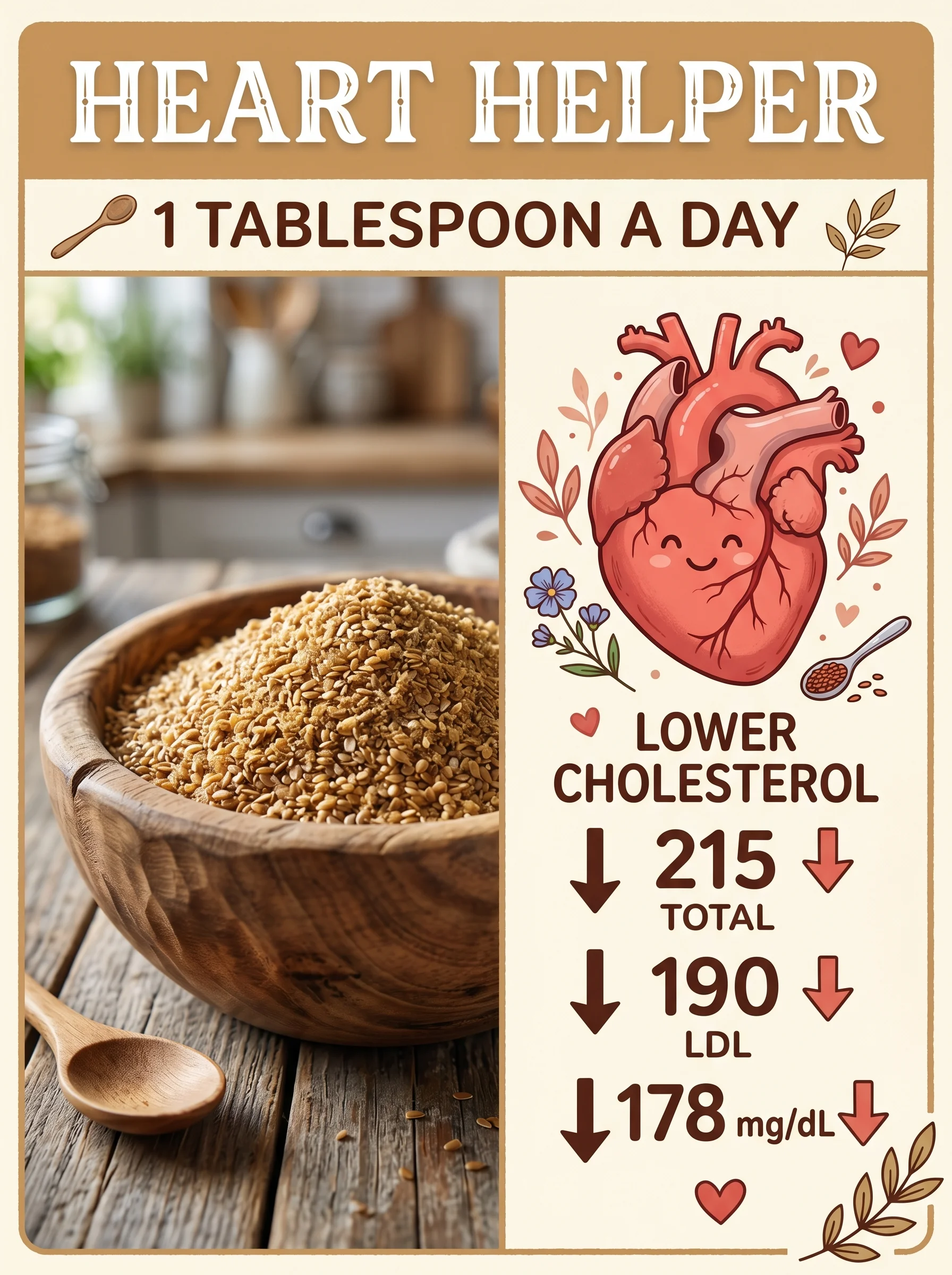 Ground flaxseed in a bowl beside an illustration of a healthy heart and clean arteries