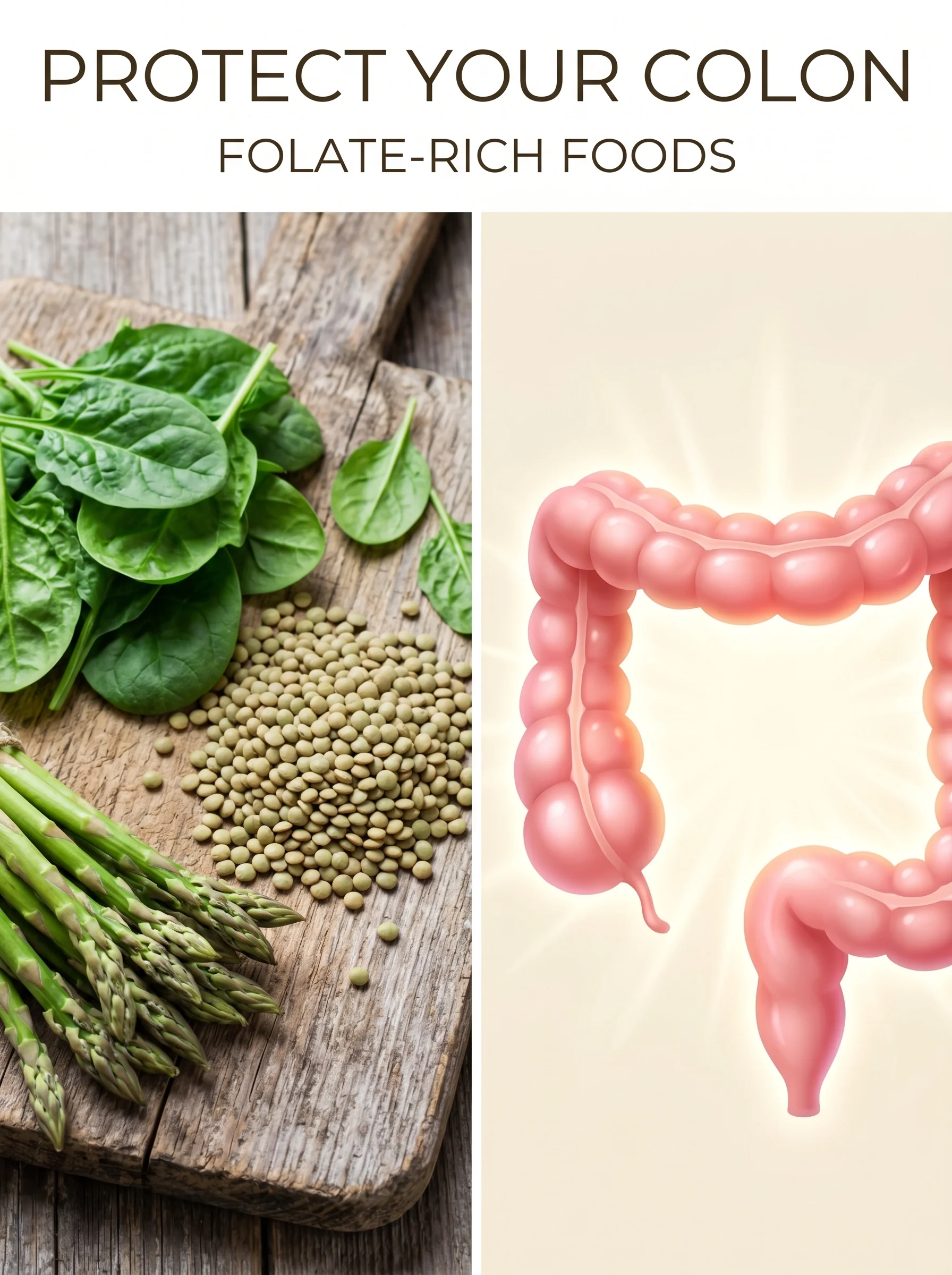 Pinterest panel: left close-up of spinach, lentils, and asparagus on wood; right illustrated healthy glowing colon, warm cream background