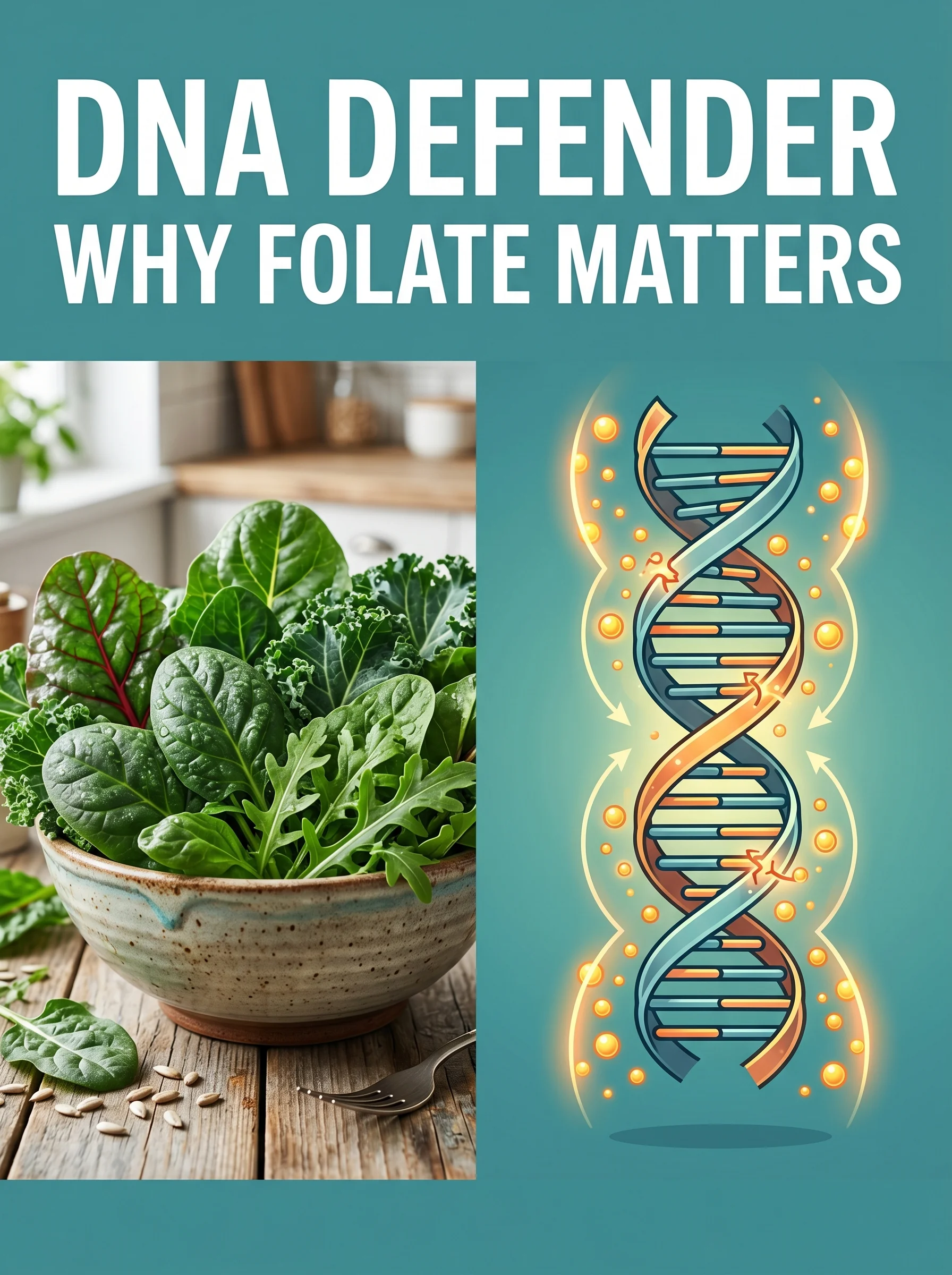Pinterest panel: left photo of leafy greens in a bowl; right illustrated DNA strand being protected by glowing folate molecules, warm teal background