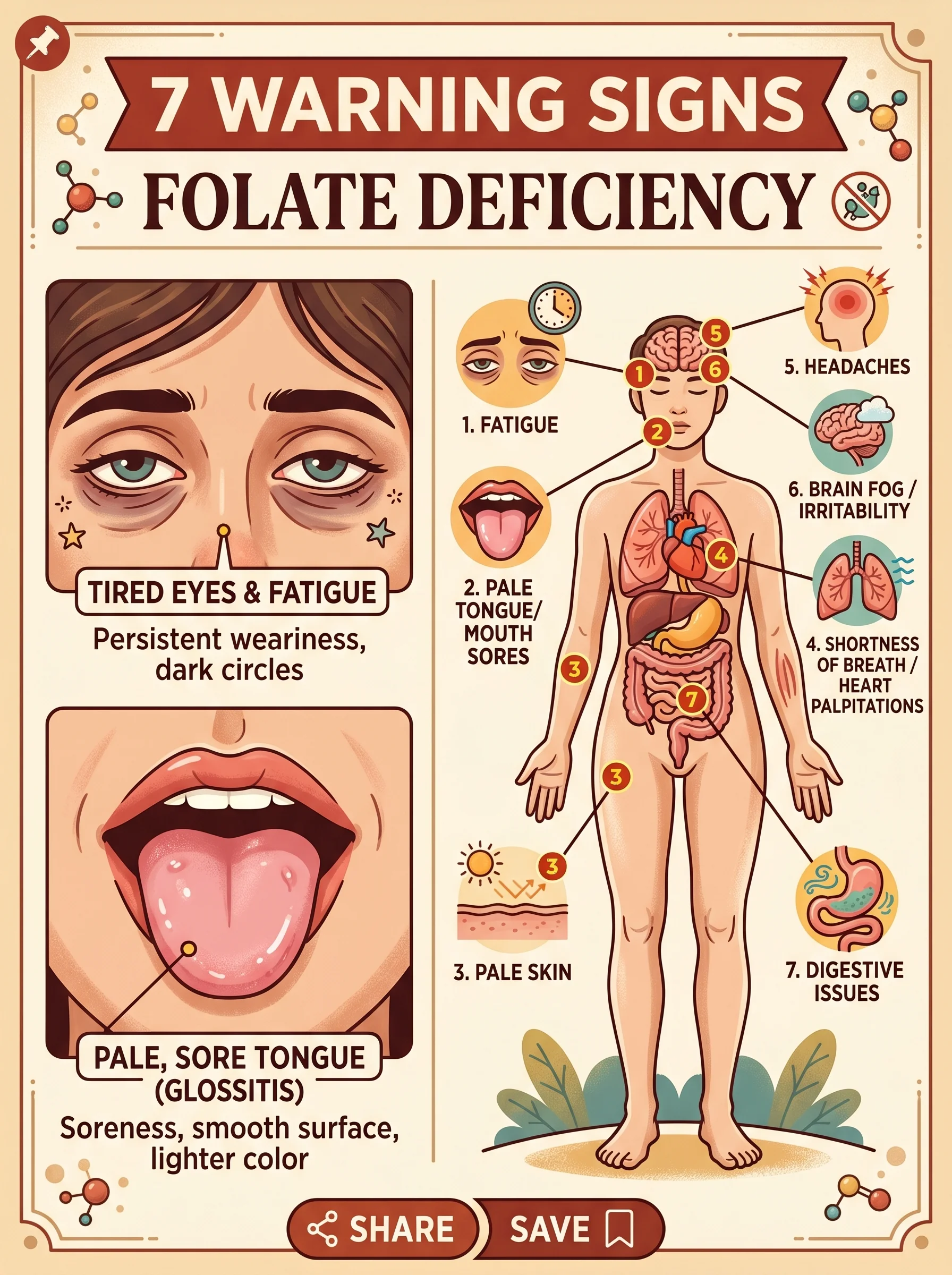 Person showing fatigue and pale skin beside an illustration of folate-deficiency warning signs