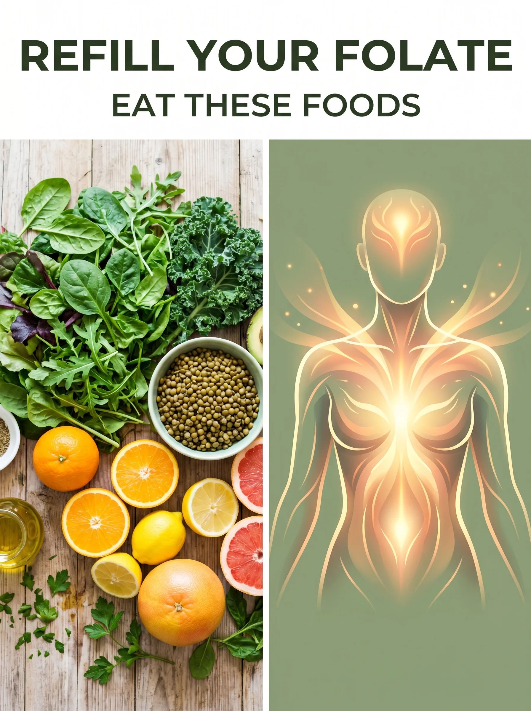 Bowl of leafy greens, beans and citrus beside an illustration of corrected folate levels